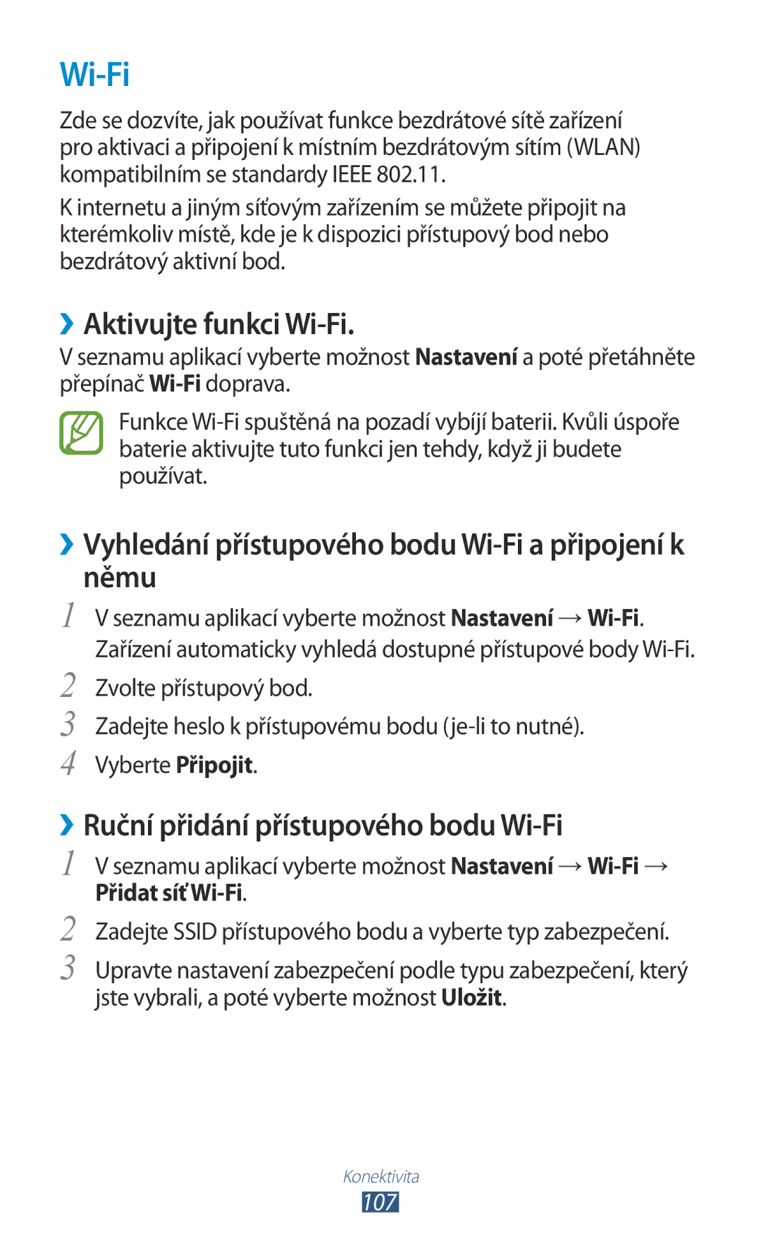 Samsung GT2I8160ZWPO2C manual ››Aktivujte funkci Wi-Fi, ››Vyhledání přístupového bodu Wi-Fi a připojení k němu 