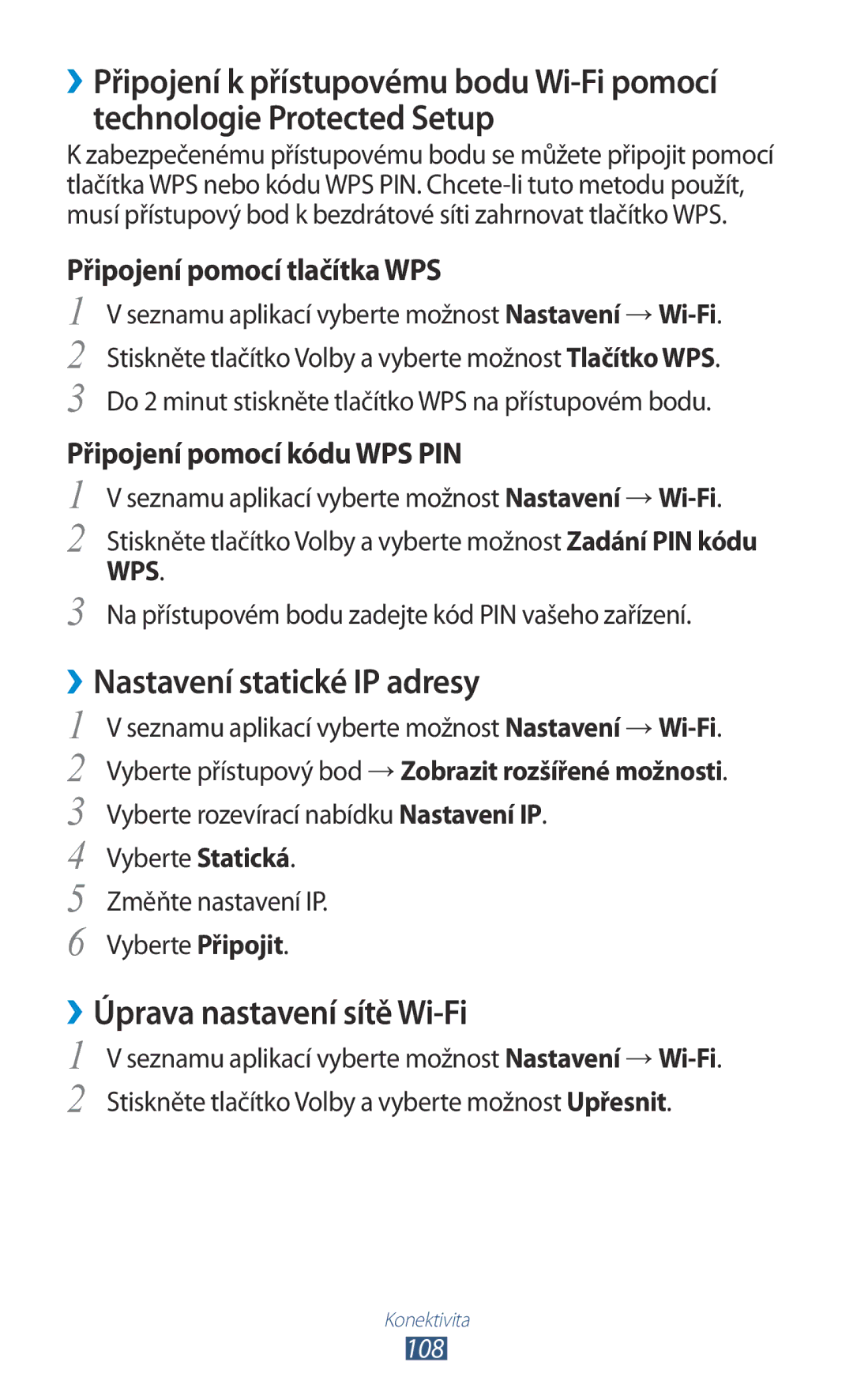 Samsung GT-I8160OKPXEZ manual ››Nastavení statické IP adresy, ››Úprava nastavení sítě Wi-Fi, Připojení pomocí tlačítka WPS 