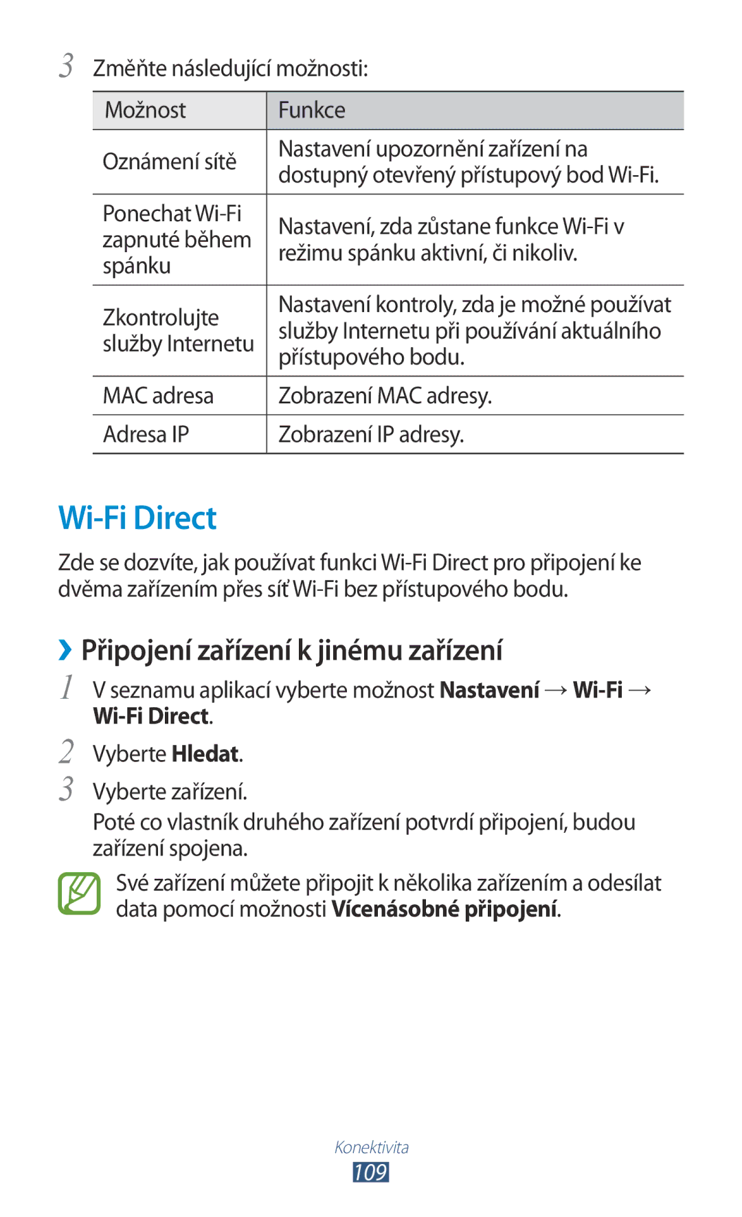 Samsung GT2I8160OKPO2C, GT-I8160OKPO2C, GT2I8160ZWPXEZ manual Wi-Fi Direct, ››Připojení zařízení k jinému zařízení, 109 