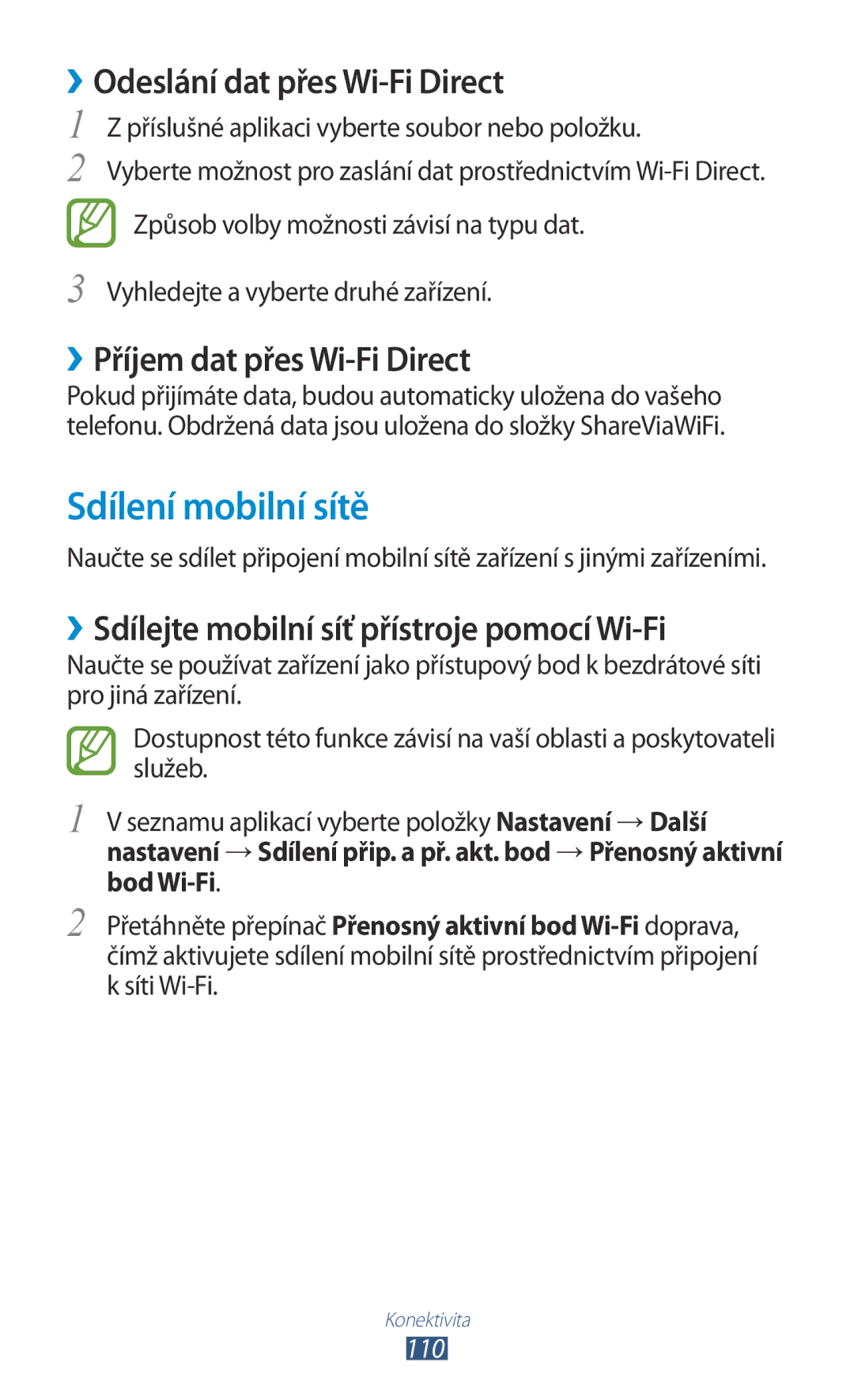 Samsung GT-I8160ZWPO2C manual Sdílení mobilní sítě, ››Odeslání dat přes Wi-Fi Direct, ››Příjem dat přes Wi-Fi Direct, 110 