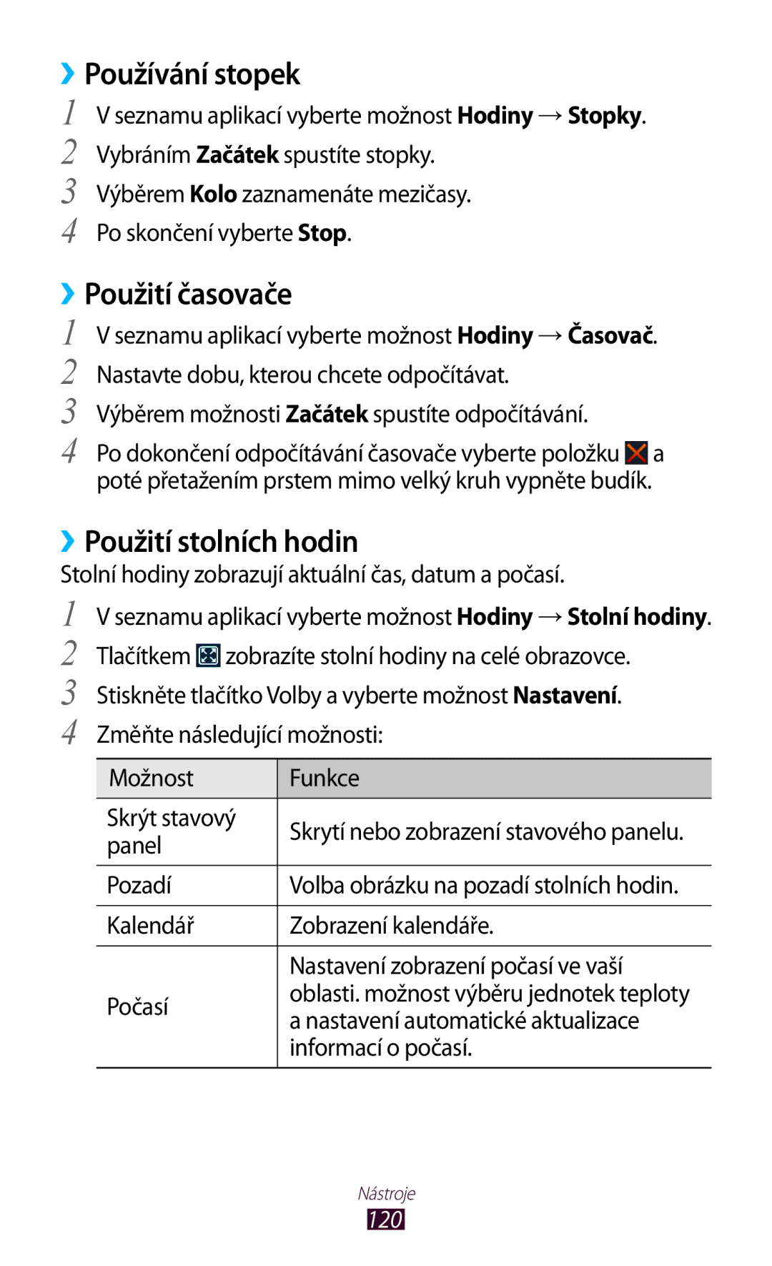 Samsung GT2I8160ZWPXEZ, GT-I8160OKPO2C manual ››Používání stopek, ››Použití časovače, ››Použití stolních hodin, 120 