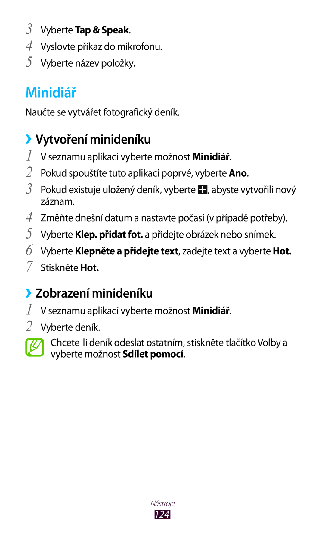 Samsung GT-I8160ZWPO2C, GT-I8160OKPO2C manual Minidiář, ››Zobrazení minideníku, Naučte se vytvářet fotografický deník, 124 