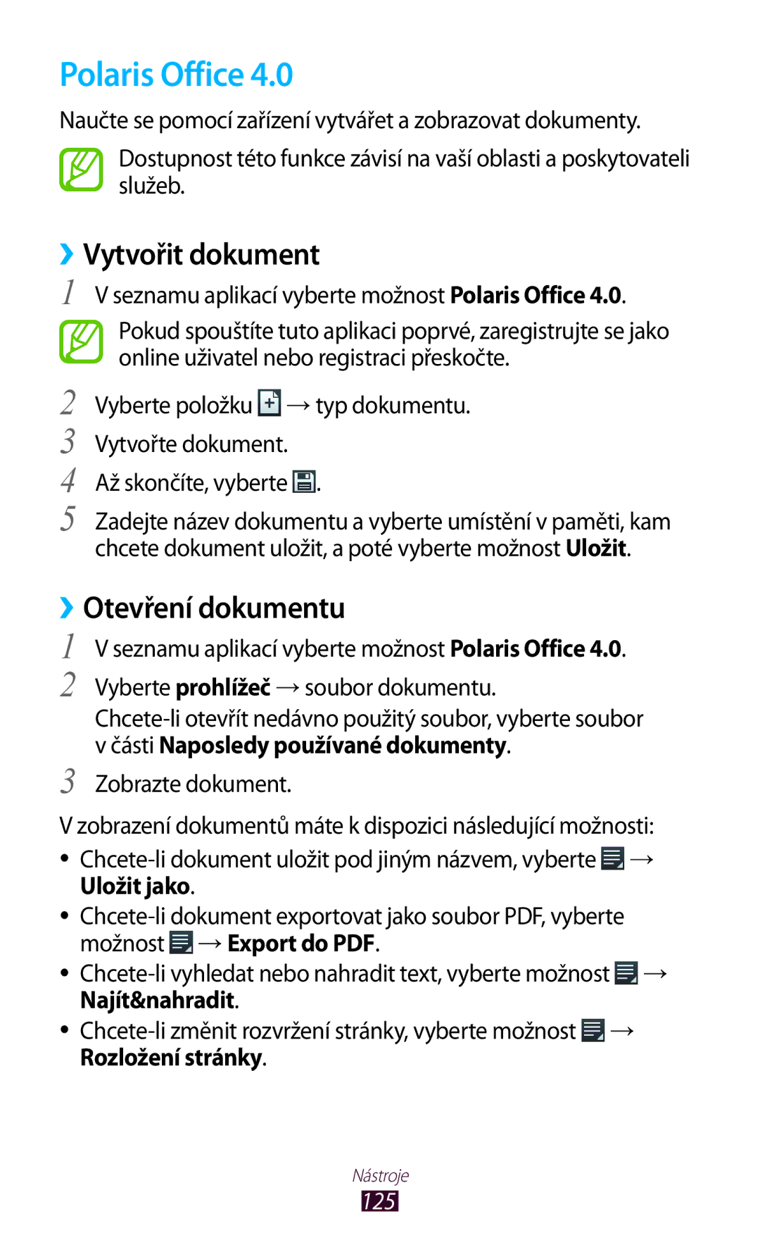 Samsung GT-I8160ZWPXEZ, GT-I8160OKPO2C, GT2I8160ZWPXEZ manual Polaris Office, ››Vytvořit dokument, ››Otevření dokumentu, 125 