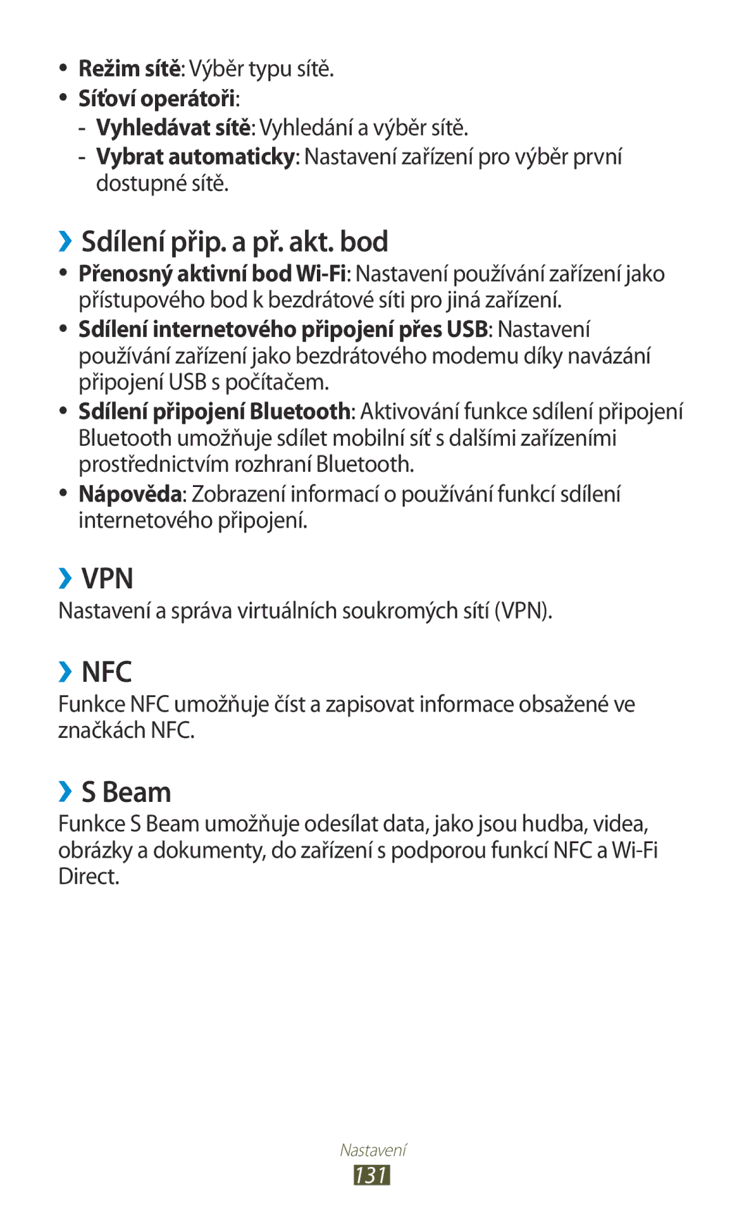 Samsung GT-I8160ZWPO2C, GT-I8160OKPO2C, GT2I8160ZWPXEZ manual ››Sdílení přip. a př. akt. bod, ››S Beam, Síťoví operátoři, 131 