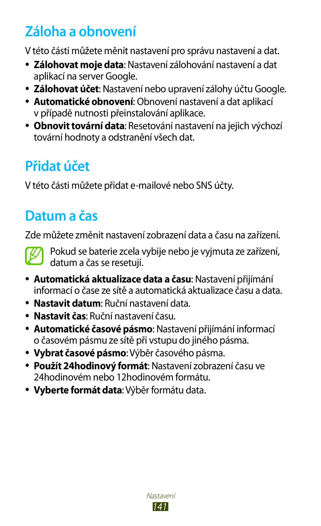 Samsung GT2I8160ZWPXEZ Záloha a obnovení, Přidat účet, Datum a čas, Této části můžete přidat e-mailové nebo SNS účty, 141 