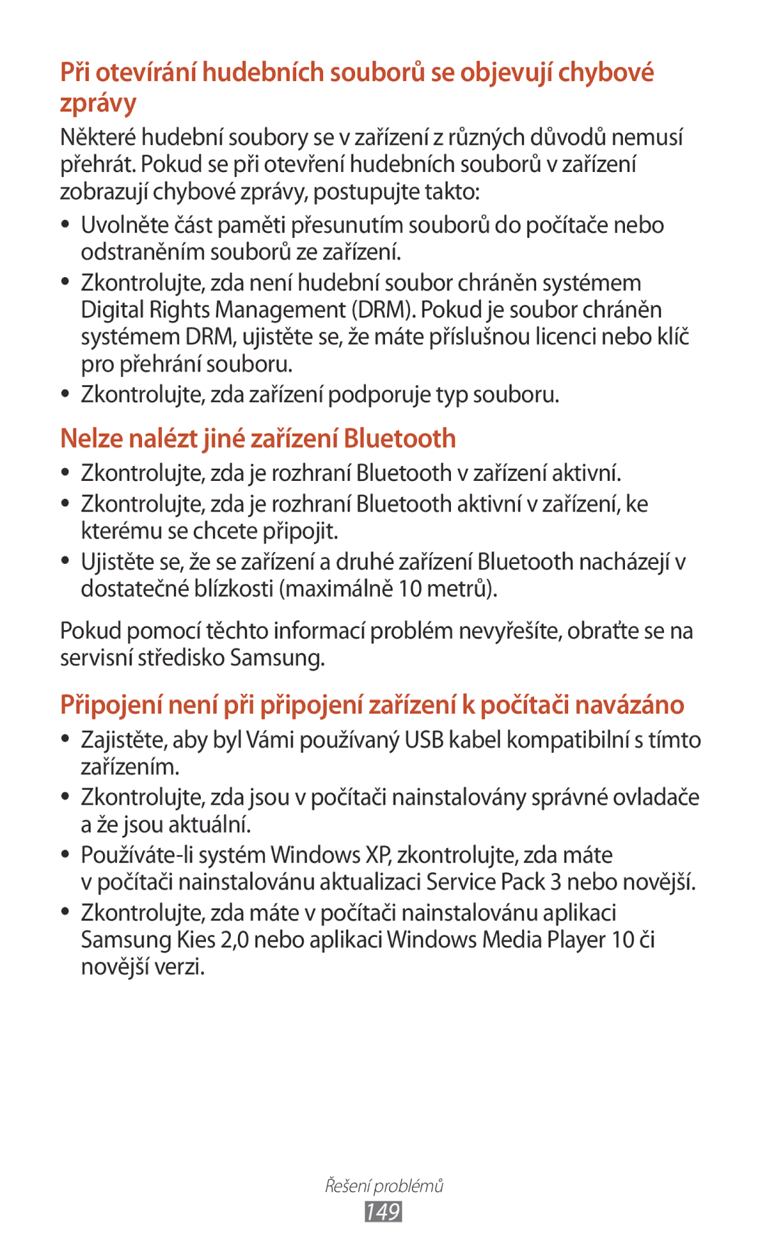 Samsung GT2I8160ZWPO2C, GT-I8160OKPO2C, GT2I8160ZWPXEZ manual Při otevírání hudebních souborů se objevují chybové zprávy, 149 