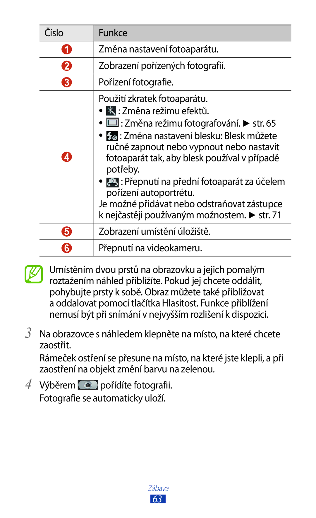 Samsung GT-I8160OKPO2C manual Změna režimu fotografování. str, Zobrazení umístění úložiště Přepnutí na videokameru 