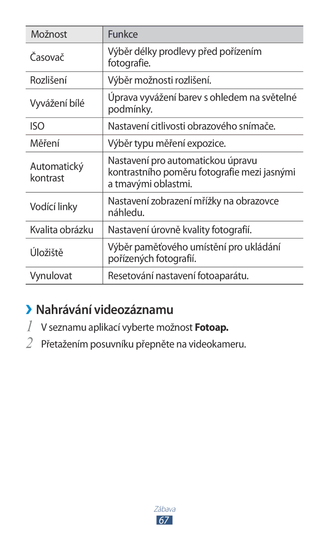 Samsung GT2I8160OKPO2C manual ››Nahrávání videozáznamu, Podmínky, Nastavení citlivosti obrazového snímače, Kontrast 