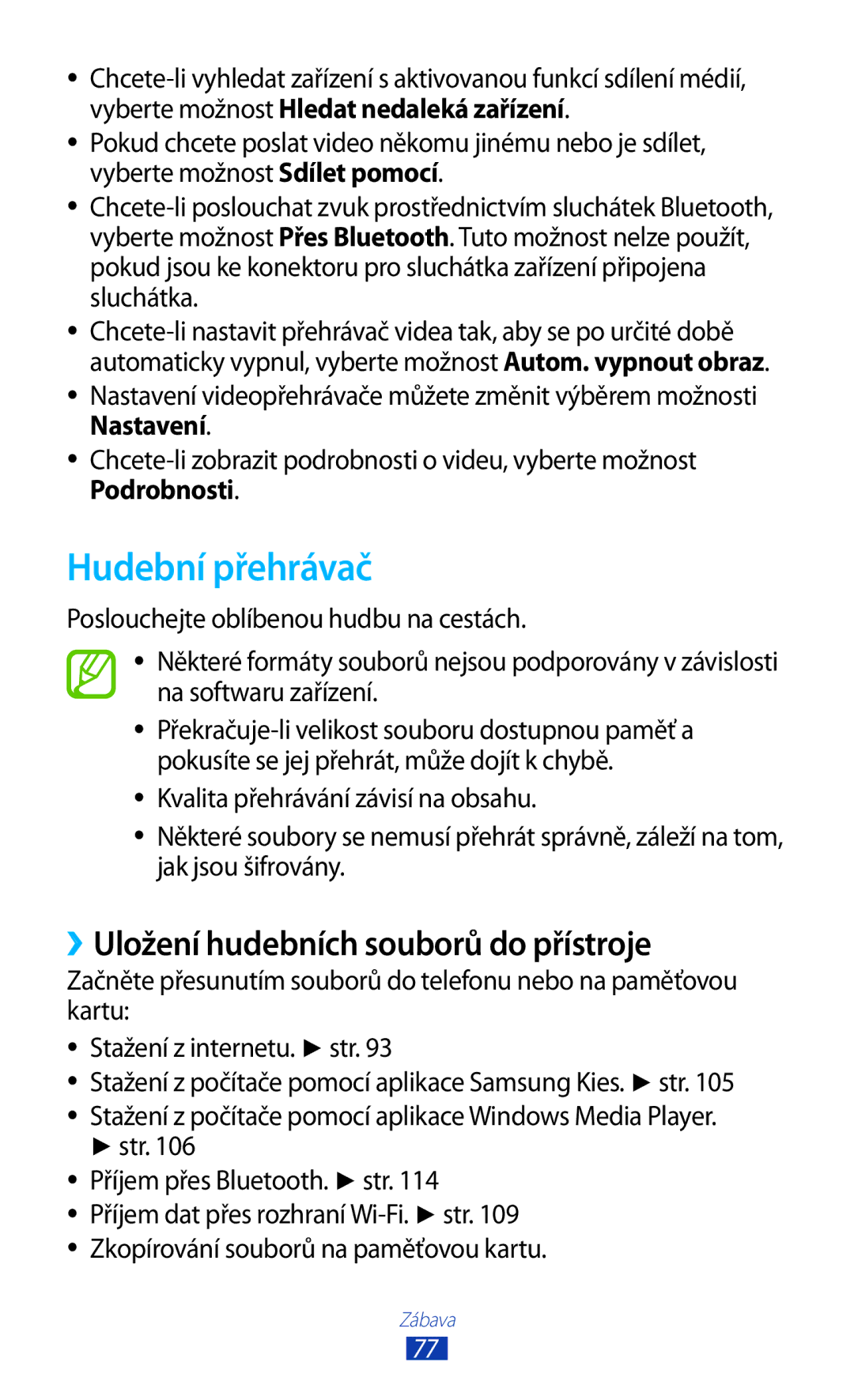 Samsung GT-I8160OKPO2C, GT2I8160ZWPXEZ, GT2I8160ZWPO2C manual Hudební přehrávač, ››Uložení hudebních souborů do přístroje 