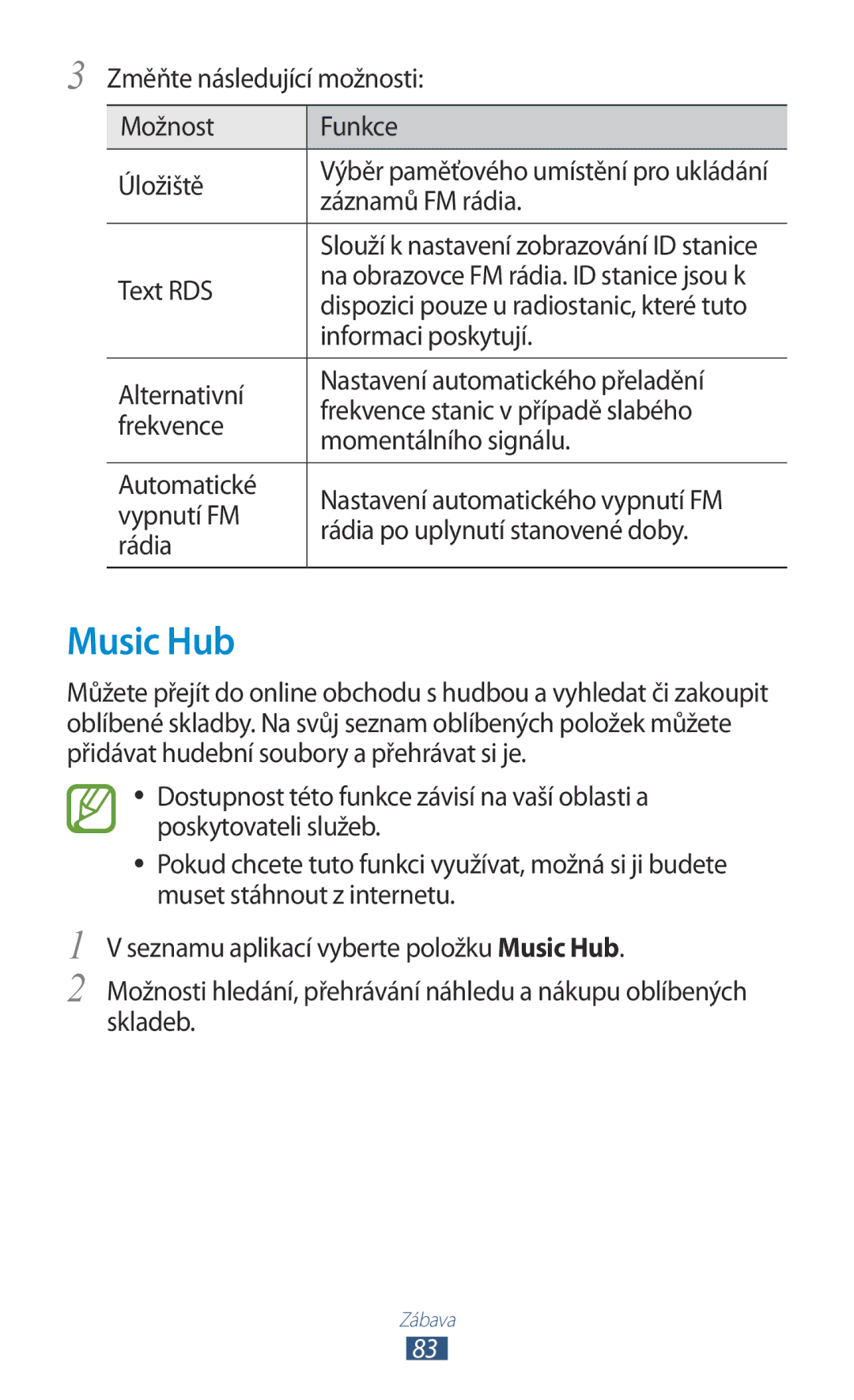 Samsung GT-I8160ZWPXEZ manual Music Hub, Změňte následující možnosti Možnost Funkce Úložiště, Záznamů FM rádia, Text RDS 