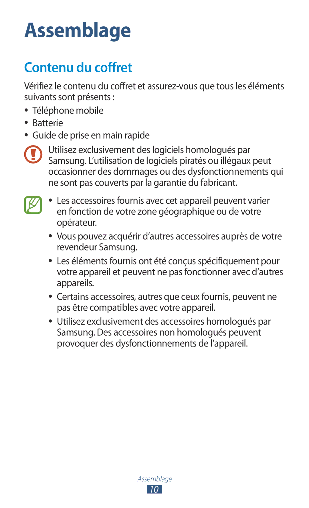 Samsung GT-I8160ZWPXEF, GT-I8160OKPXEF, GT-I8160OKPNRJ manual Assemblage, Contenu du coffret 