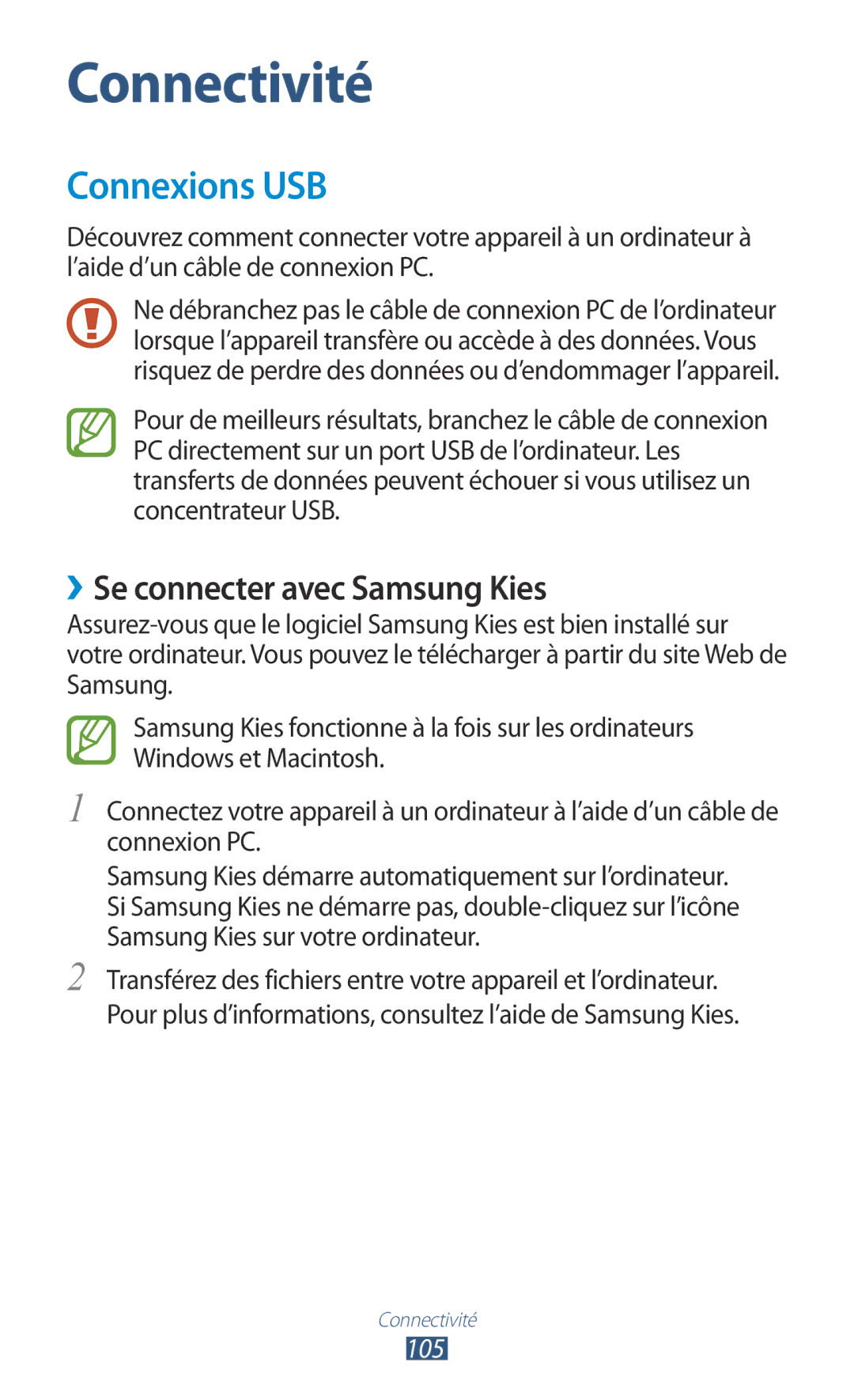 Samsung GT-I8160OKPXEF, GT-I8160ZWPXEF, GT-I8160OKPNRJ manual Connexions USB, ››Se connecter avec Samsung Kies, 105 