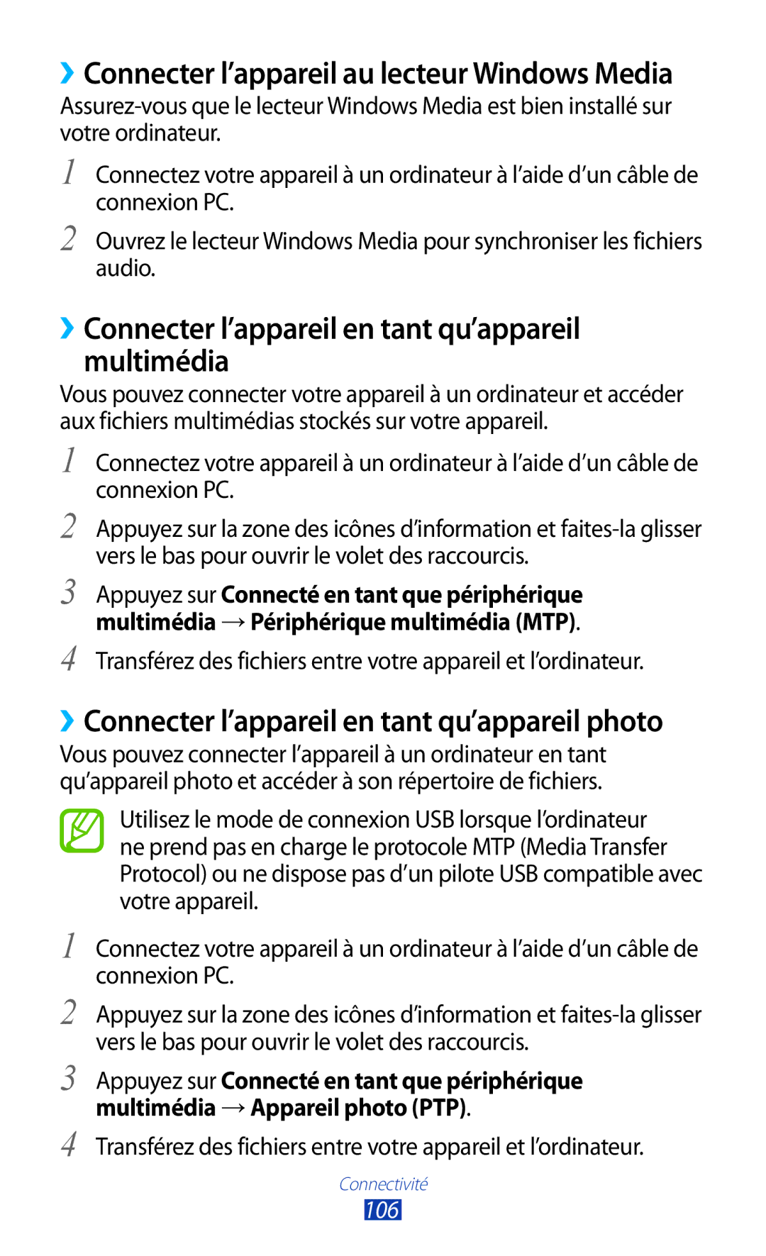 Samsung GT-I8160ZWPXEF, GT-I8160OKPXEF, GT-I8160OKPNRJ manual ››Connecter l’appareil en tant qu’appareil multimédia, 106 