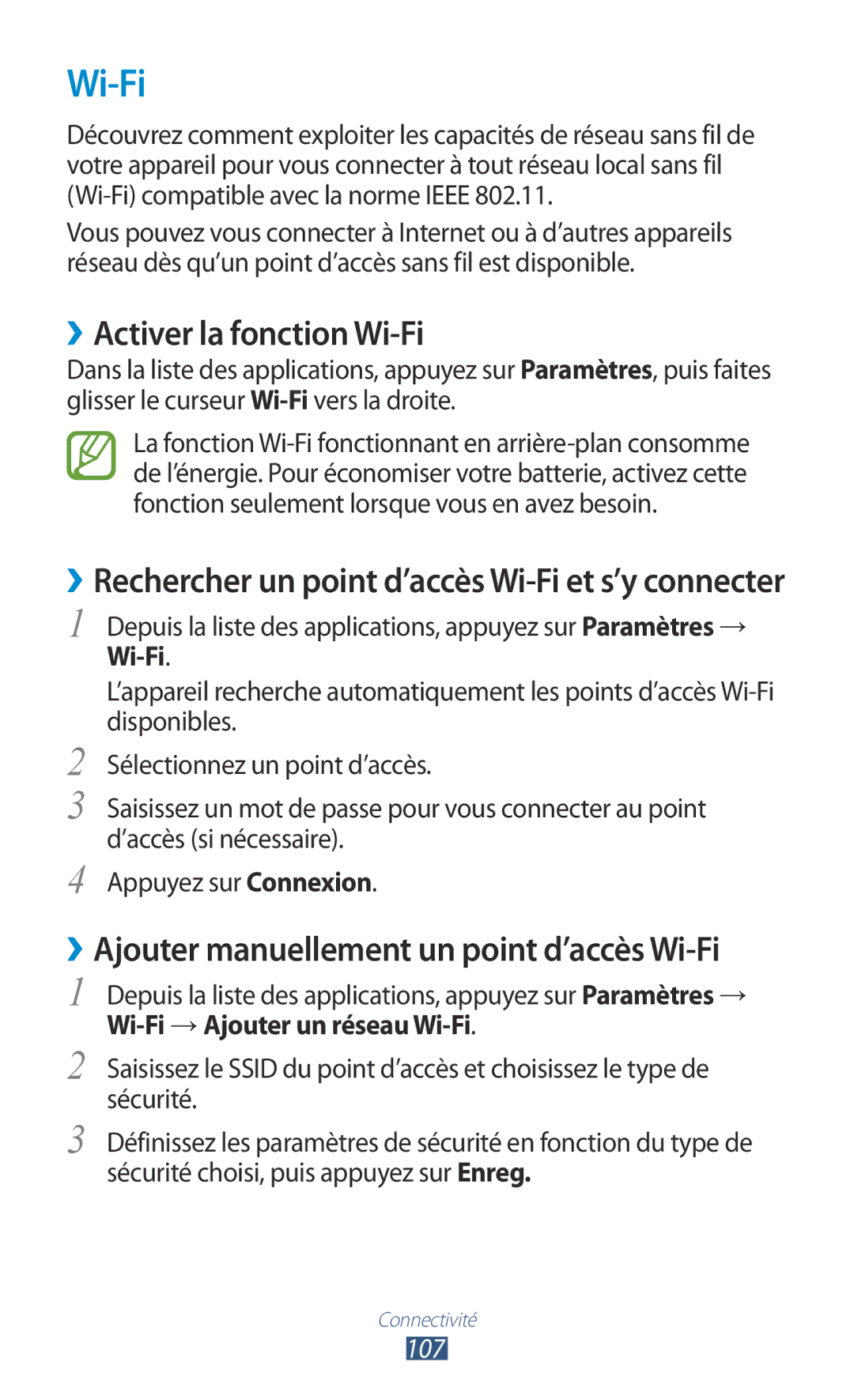 Samsung GT-I8160OKPNRJ, GT-I8160OKPXEF manual ››Activer la fonction Wi-Fi, ››Ajouter manuellement un point d’accès Wi-Fi 