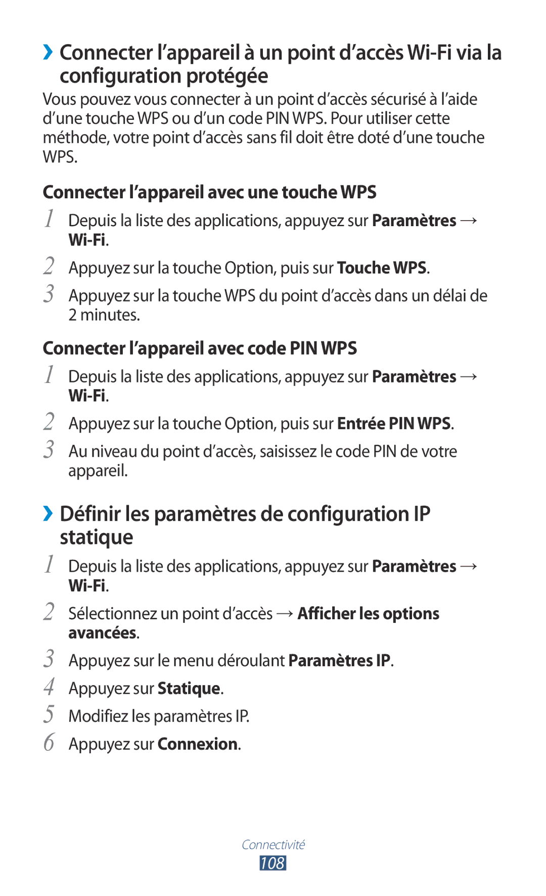 Samsung GT-I8160OKPXEF, GT-I8160ZWPXEF, GT-I8160OKPNRJ manual ››Définir les paramètres de configuration IP statique, 108 