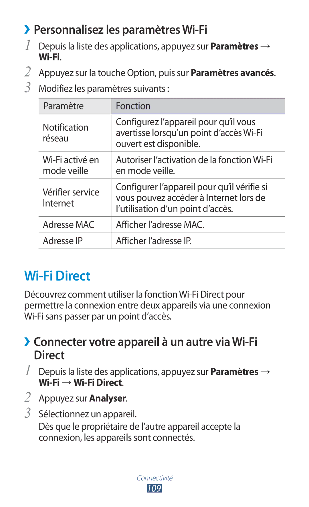 Samsung GT-I8160ZWPXEF, GT-I8160OKPXEF, GT-I8160OKPNRJ manual Wi-Fi Direct, ››Personnalisez les paramètres Wi-Fi, 109 