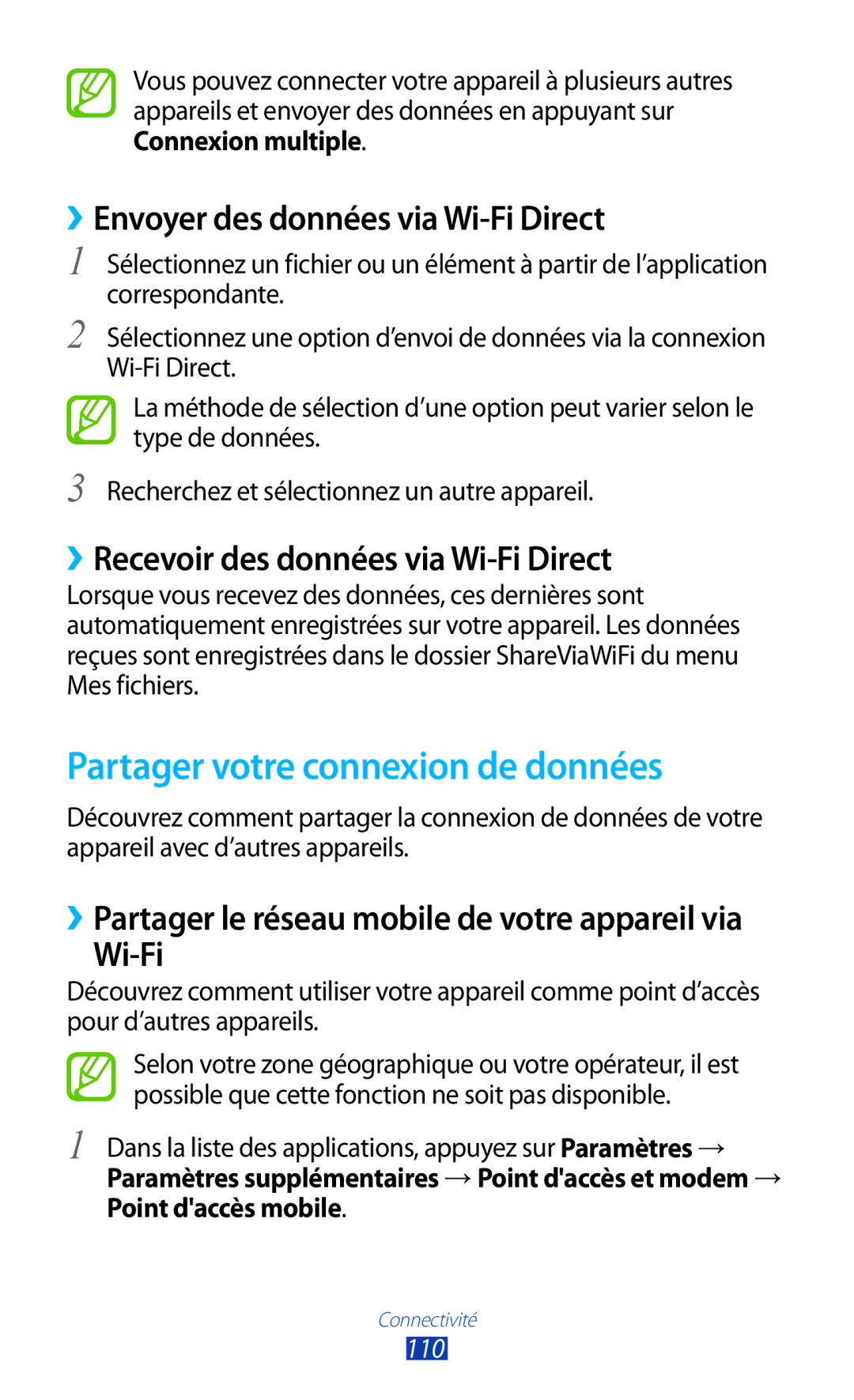 Samsung GT-I8160OKPNRJ, GT-I8160OKPXEF Partager votre connexion de données, ››Envoyer des données via Wi-Fi Direct, 110 