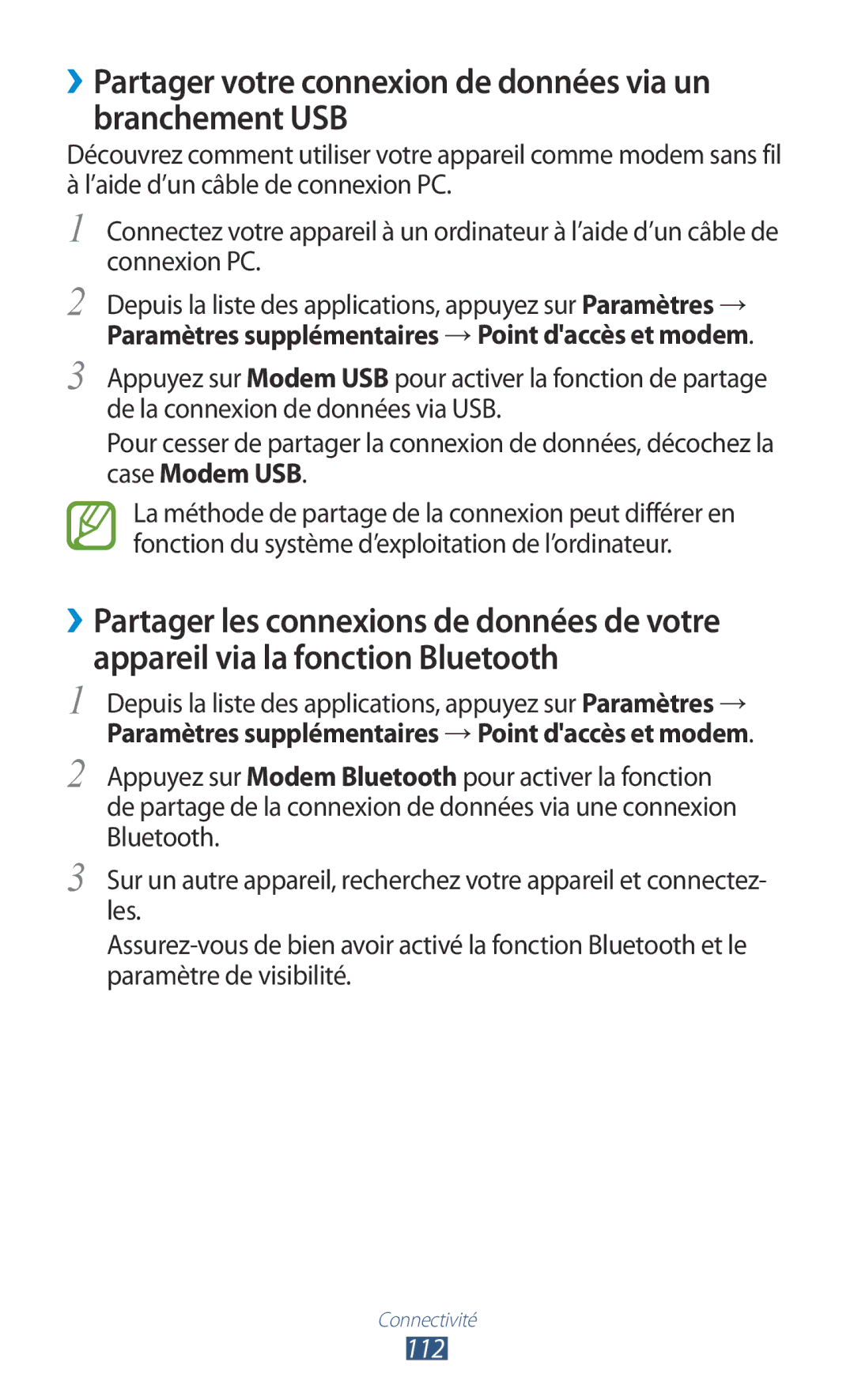 Samsung GT-I8160ZWPXEF, GT-I8160OKPXEF, GT-I8160OKPNRJ ››Partager votre connexion de données via un branchement USB, 112 