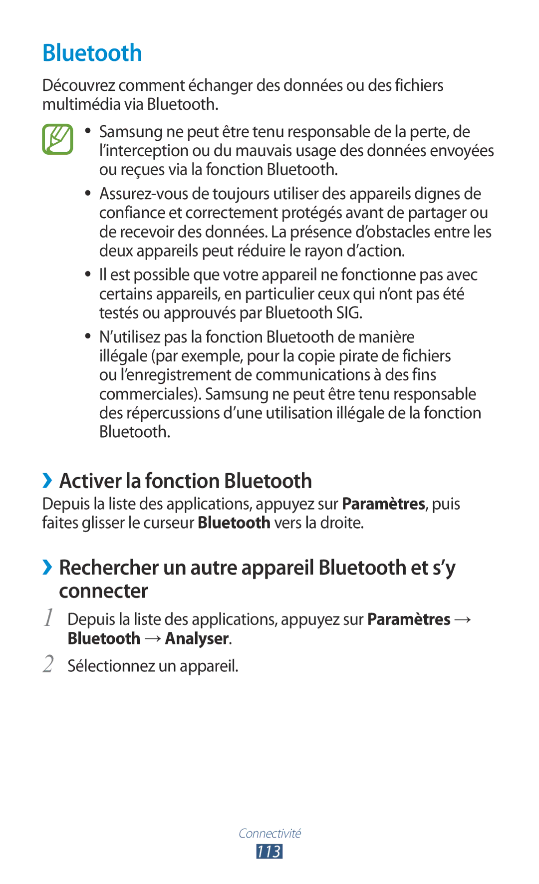 Samsung GT-I8160OKPNRJ ››Activer la fonction Bluetooth, ››Rechercher un autre appareil Bluetooth et s’y connecter, 113 