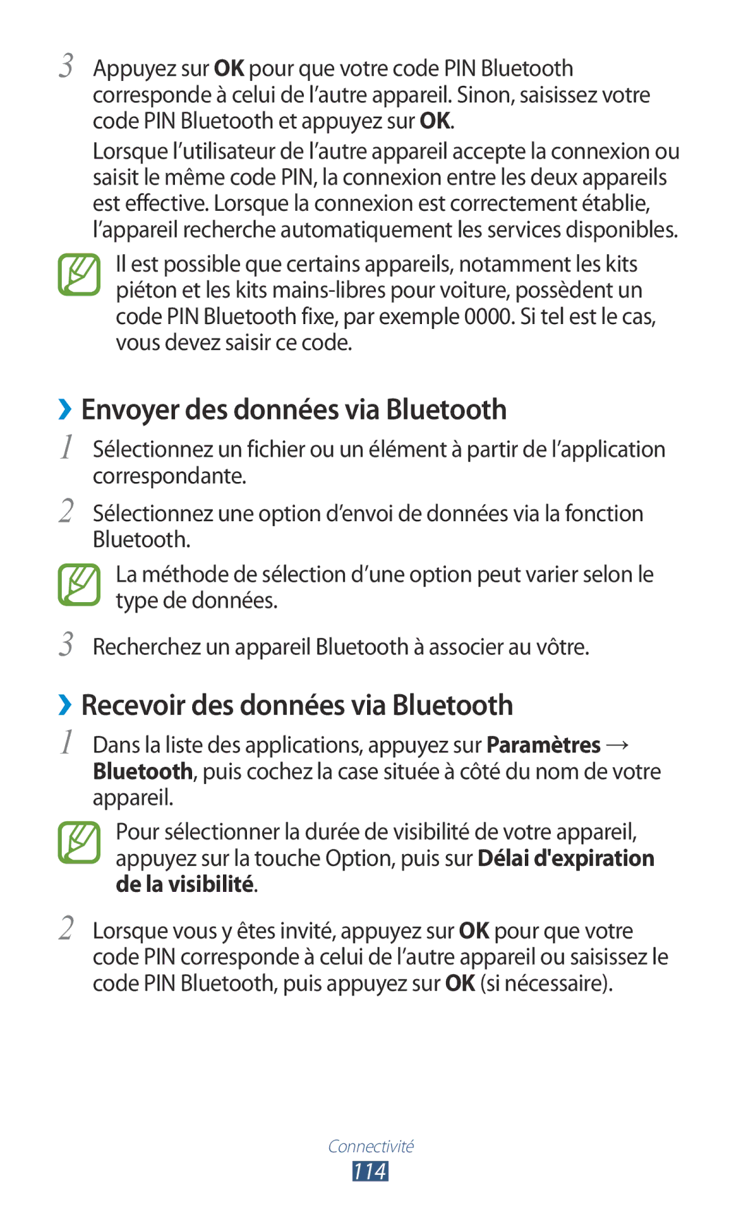 Samsung GT-I8160OKPXEF, GT-I8160ZWPXEF manual ››Envoyer des données via Bluetooth, ››Recevoir des données via Bluetooth, 114 