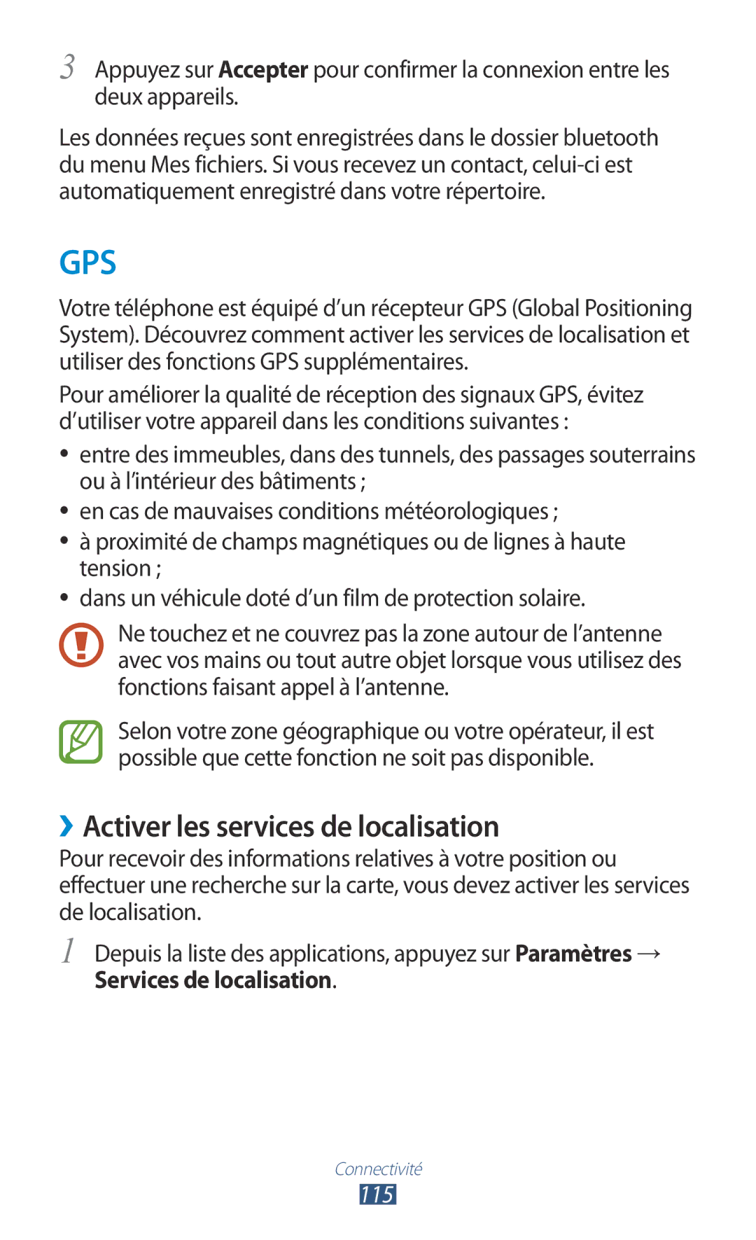 Samsung GT-I8160ZWPXEF, GT-I8160OKPXEF manual ››Activer les services de localisation, Services de localisation, 115 