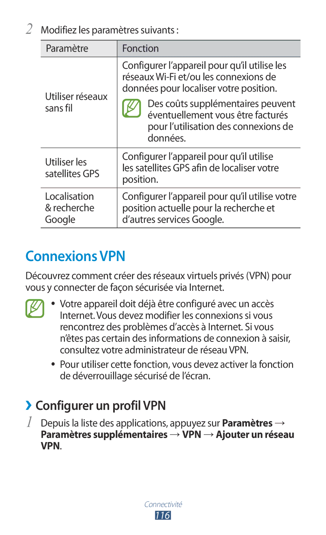 Samsung GT-I8160OKPNRJ, GT-I8160OKPXEF, GT-I8160ZWPXEF manual Connexions VPN, ››Configurer un profil VPN, 116 