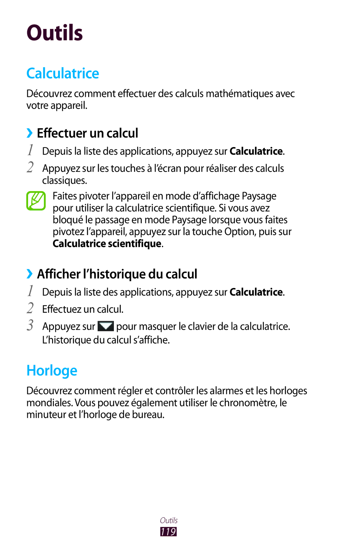 Samsung GT-I8160OKPNRJ manual Calculatrice, Horloge, ››Effectuer un calcul, ››Afficher l’historique du calcul, 119 