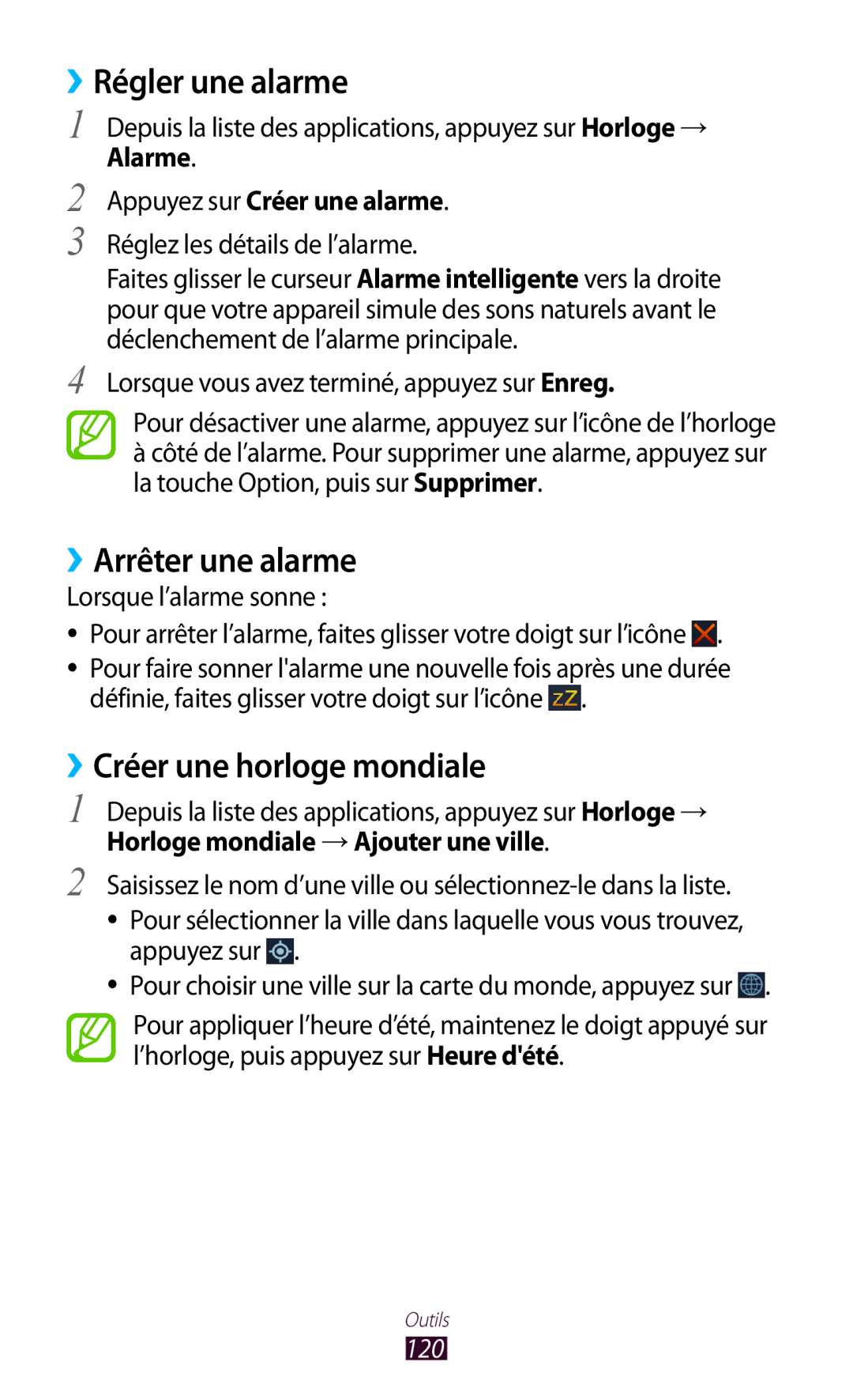 Samsung GT-I8160OKPXEF, GT-I8160ZWPXEF manual ››Régler une alarme, ››Arrêter une alarme, ››Créer une horloge mondiale, 120 