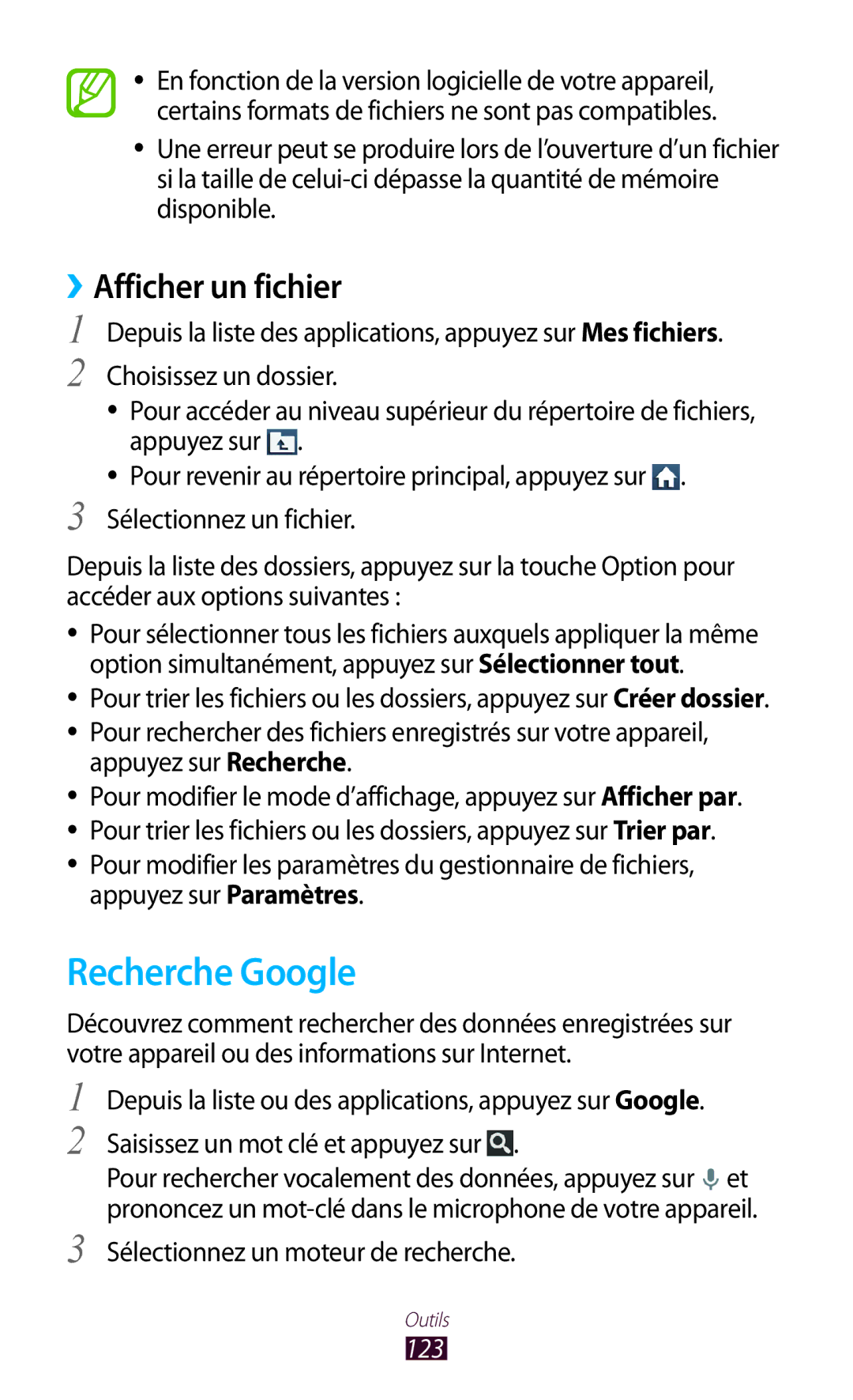 Samsung GT-I8160OKPXEF, GT-I8160ZWPXEF Recherche Google, ››Afficher un fichier, Sélectionnez un moteur de recherche, 123 