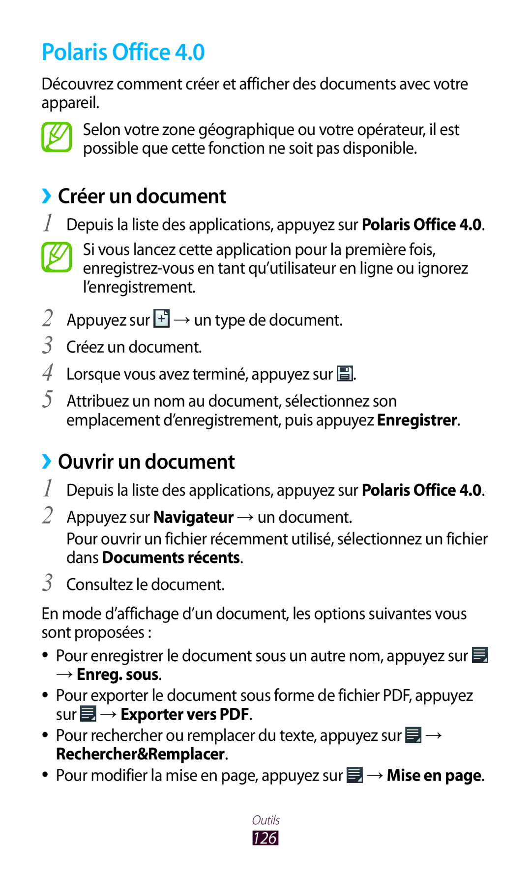 Samsung GT-I8160OKPXEF, GT-I8160ZWPXEF manual Polaris Office, ››Créer un document, ››Ouvrir un document, → Enreg. sous, 126 