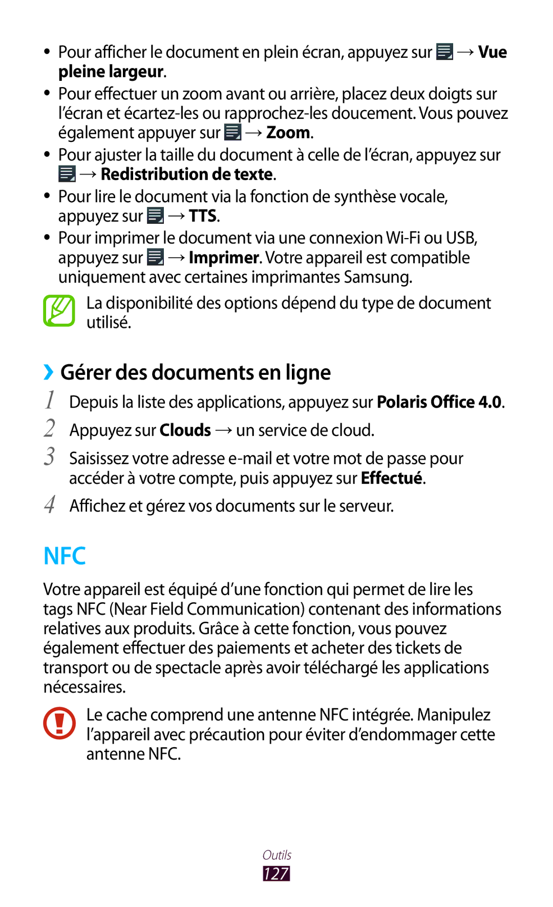 Samsung GT-I8160ZWPXEF, GT-I8160OKPXEF ››Gérer des documents en ligne, Affichez et gérez vos documents sur le serveur, 127 