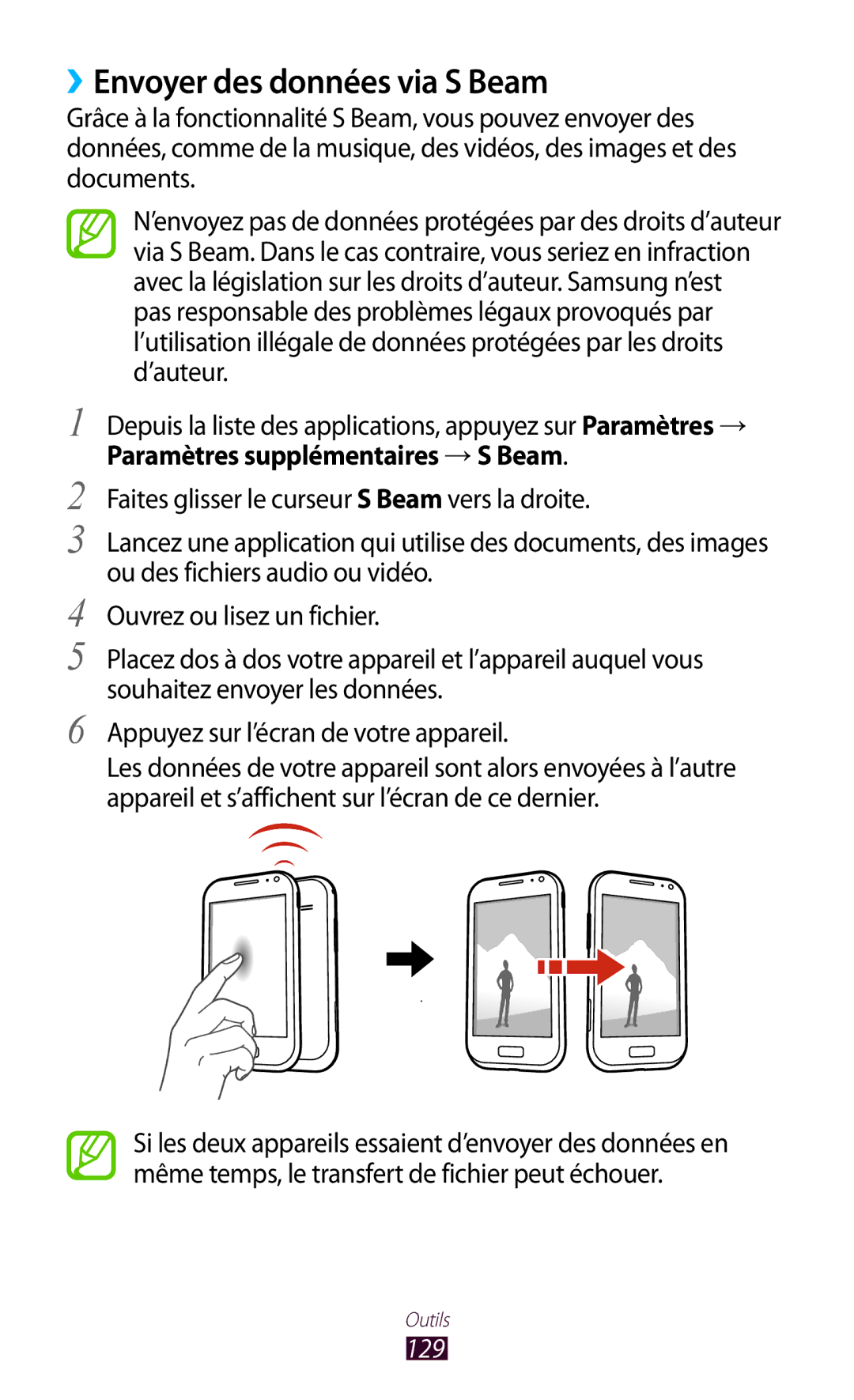 Samsung GT-I8160OKPXEF, GT-I8160ZWPXEF manual ››Envoyer des données via S Beam, Paramètres supplémentaires → S Beam, 129 