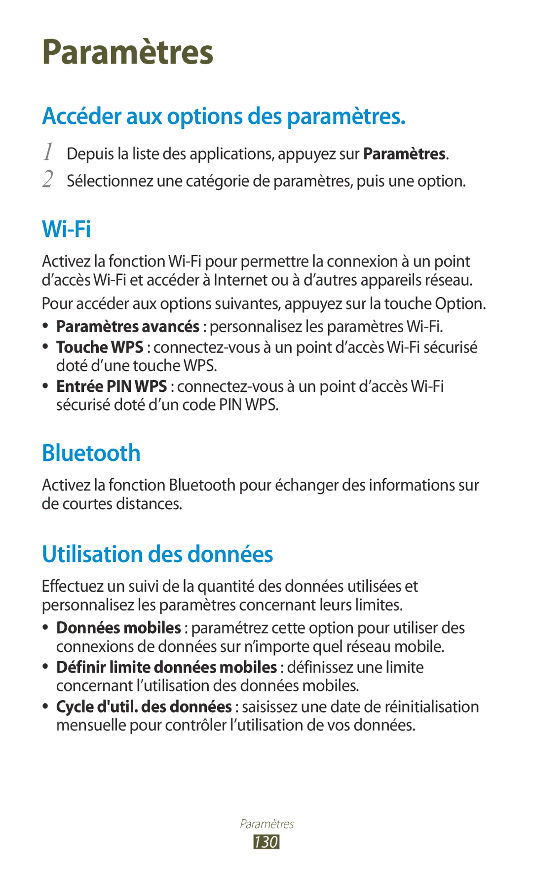 Samsung GT-I8160ZWPXEF, GT-I8160OKPXEF, GT-I8160OKPNRJ Accéder aux options des paramètres, Utilisation des données, 130 