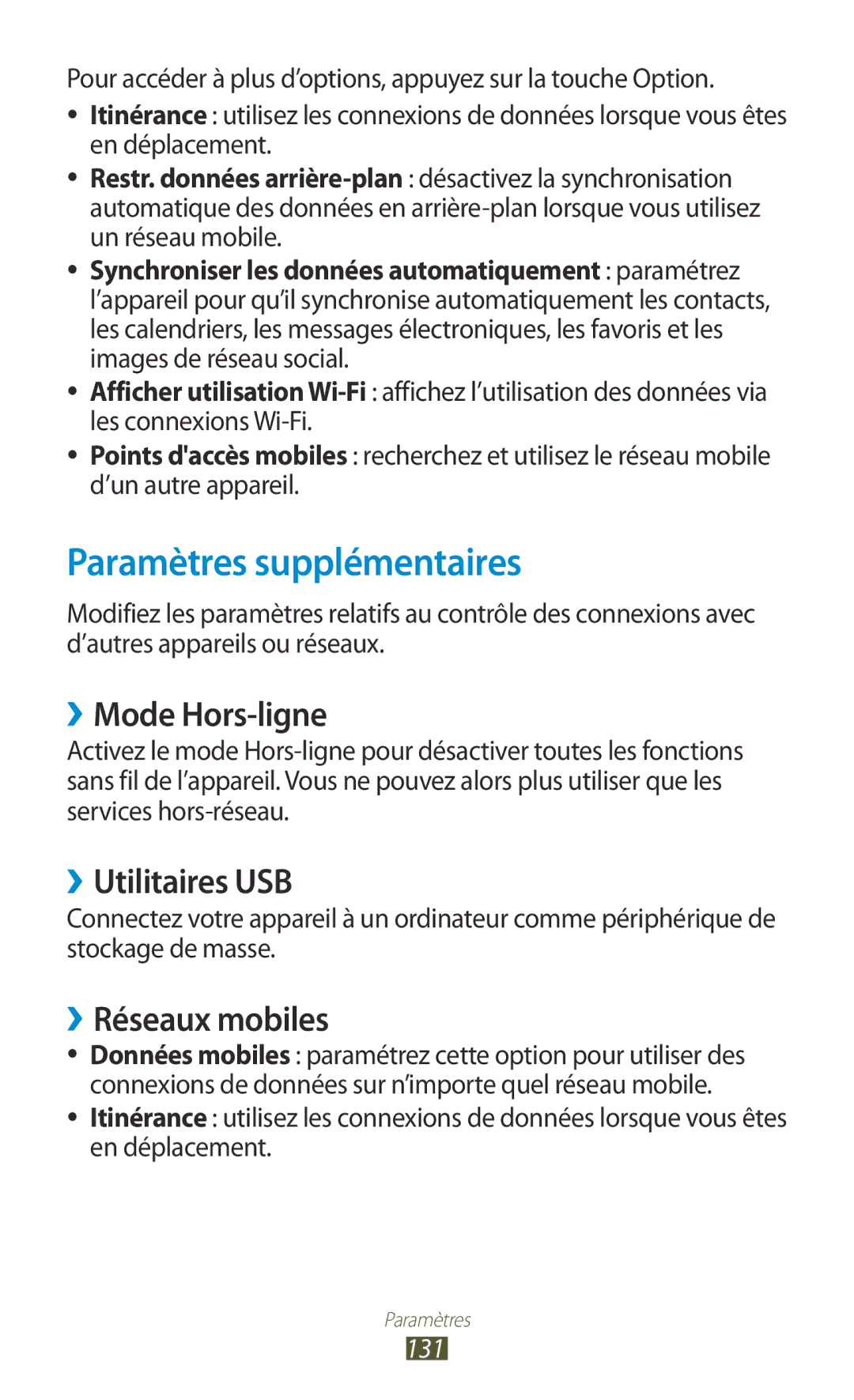 Samsung GT-I8160OKPNRJ manual Paramètres supplémentaires, ››Mode Hors-ligne, ››Utilitaires USB, ››Réseaux mobiles, 131 