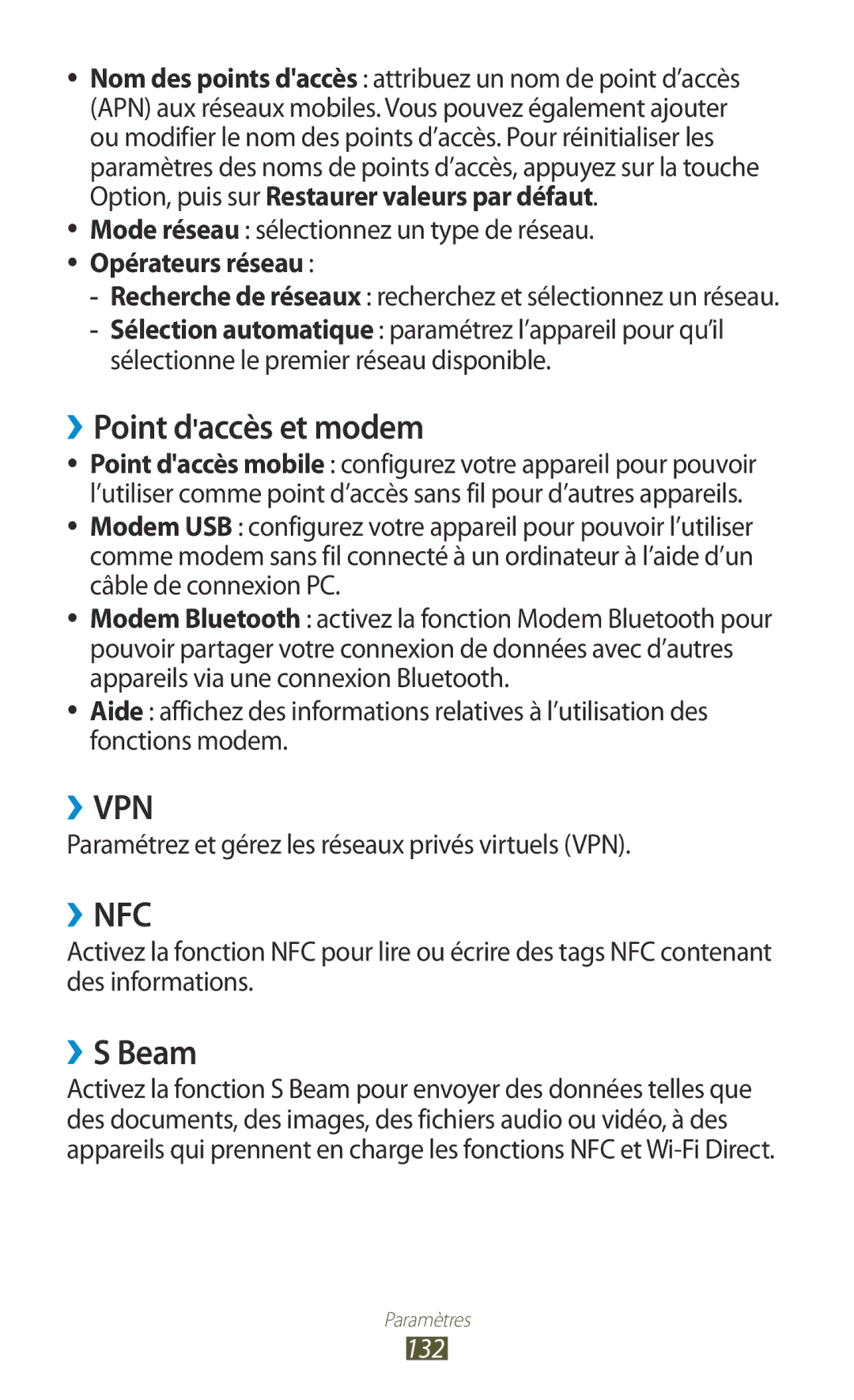 Samsung GT-I8160OKPXEF manual ››Point daccès et modem, ››S Beam, Paramétrez et gérez les réseaux privés virtuels VPN, 132 