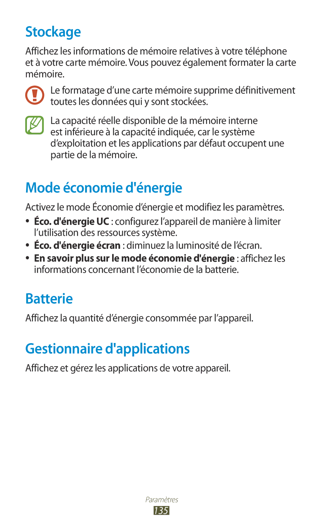 Samsung GT-I8160OKPXEF, GT-I8160ZWPXEF manual Stockage, Mode économie dénergie, Batterie, Gestionnaire dapplications, 135 