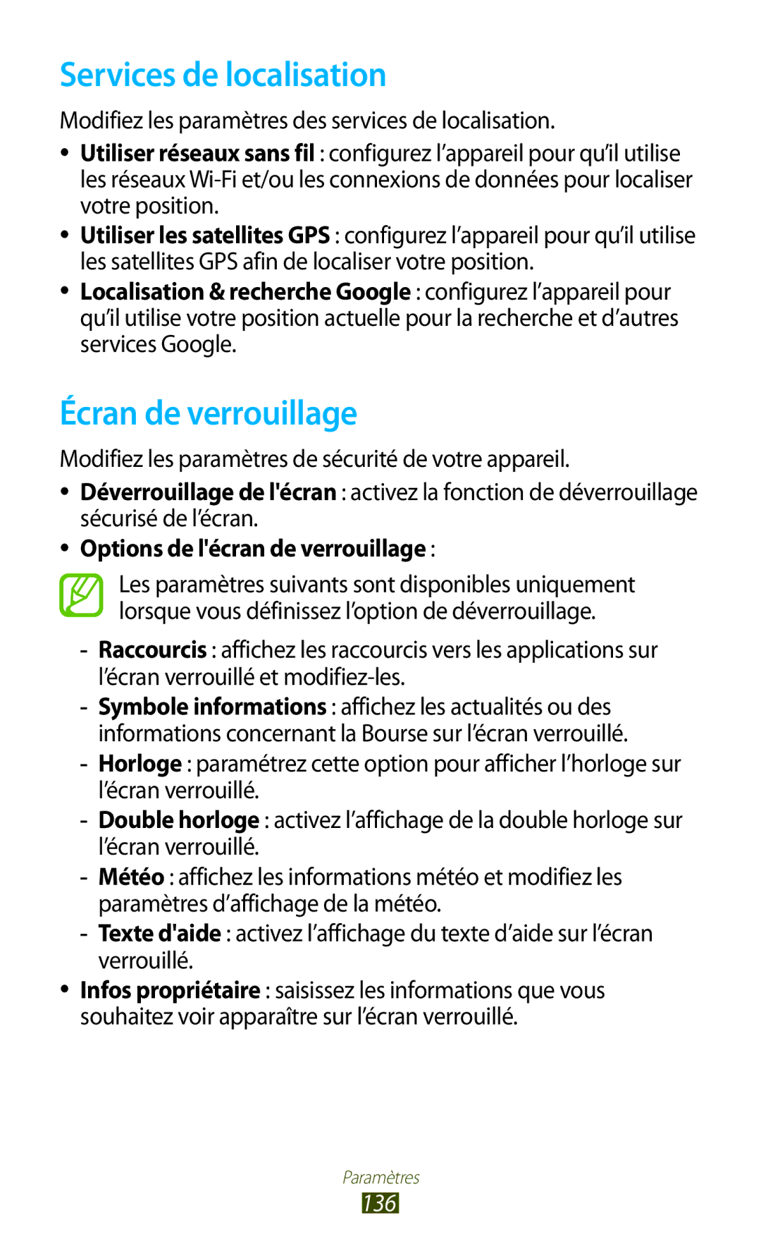 Samsung GT-I8160ZWPXEF manual Services de localisation, Écran de verrouillage, Options de lécran de verrouillage, 136 