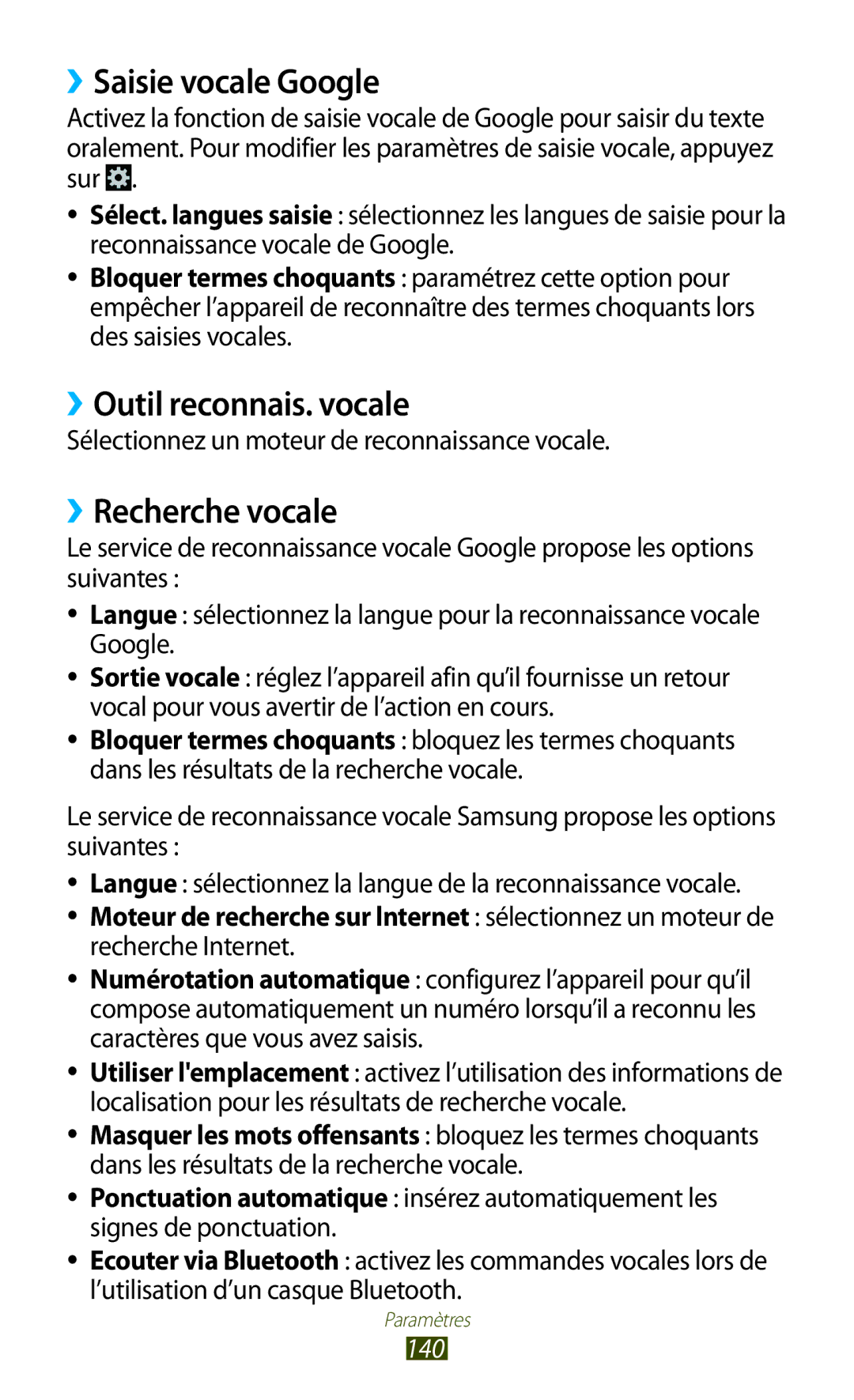 Samsung GT-I8160OKPNRJ, GT-I8160OKPXEF manual ››Saisie vocale Google, ››Outil reconnais. vocale, ››Recherche vocale, 140 