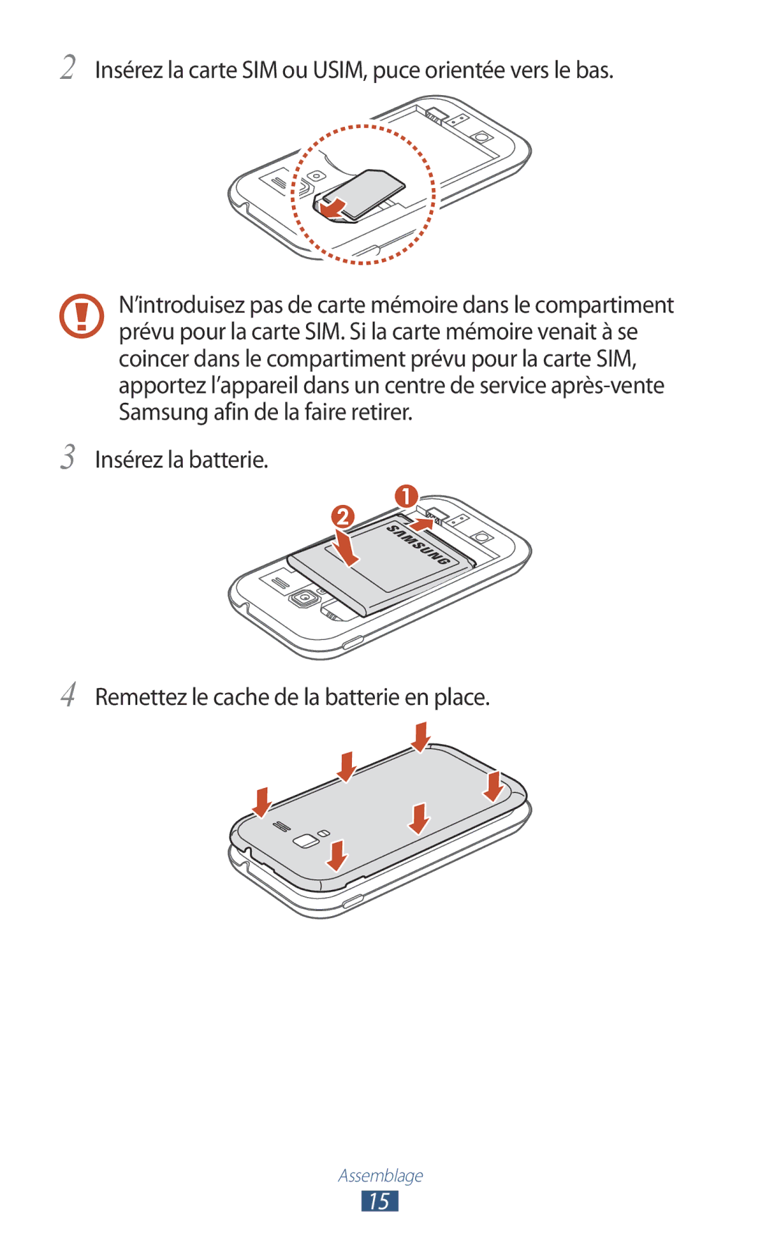 Samsung GT-I8160OKPXEF, GT-I8160ZWPXEF, GT-I8160OKPNRJ manual Insérez la carte SIM ou USIM, puce orientée vers le bas 