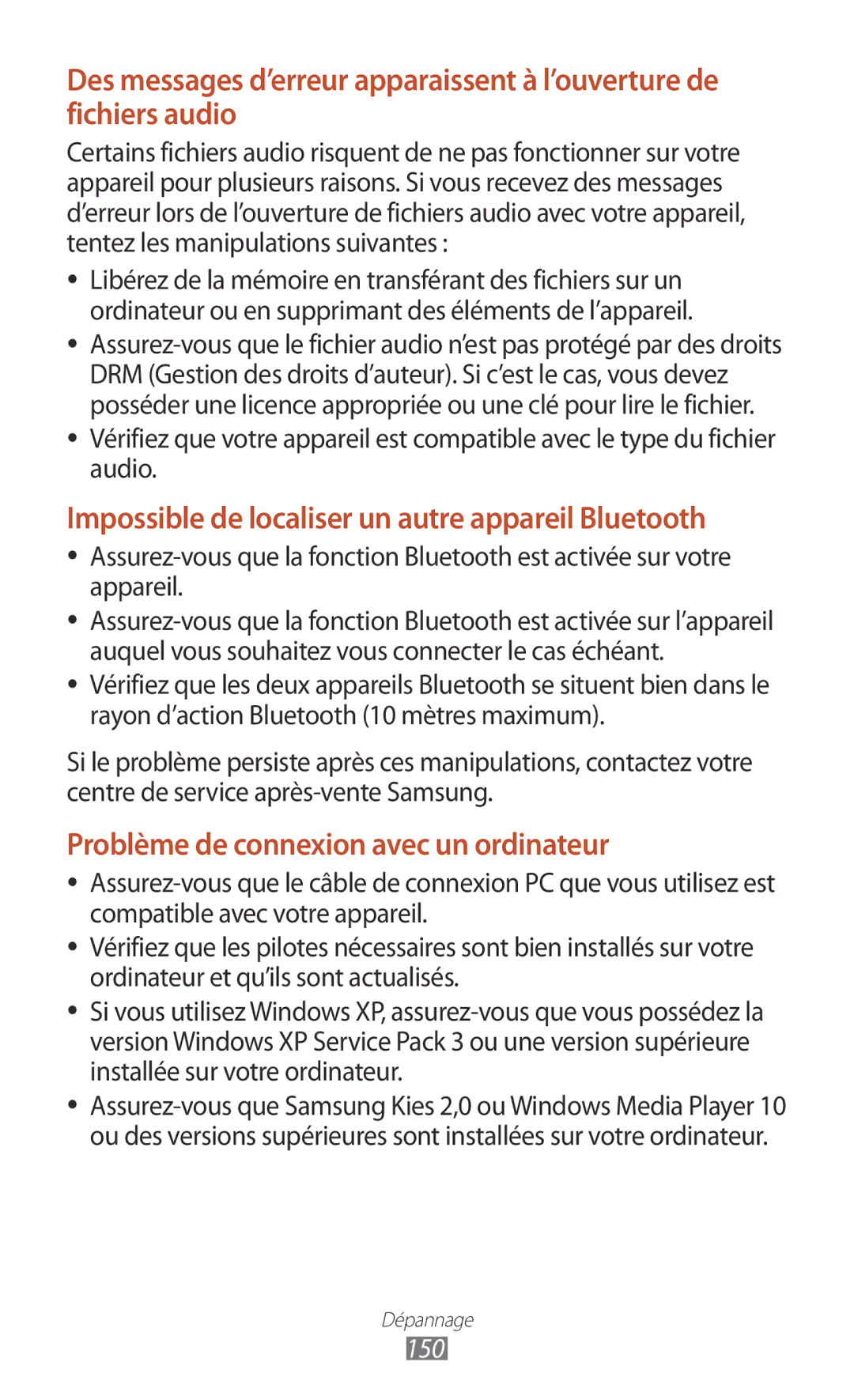 Samsung GT-I8160OKPXEF, GT-I8160ZWPXEF, GT-I8160OKPNRJ manual Impossible de localiser un autre appareil Bluetooth, 150 