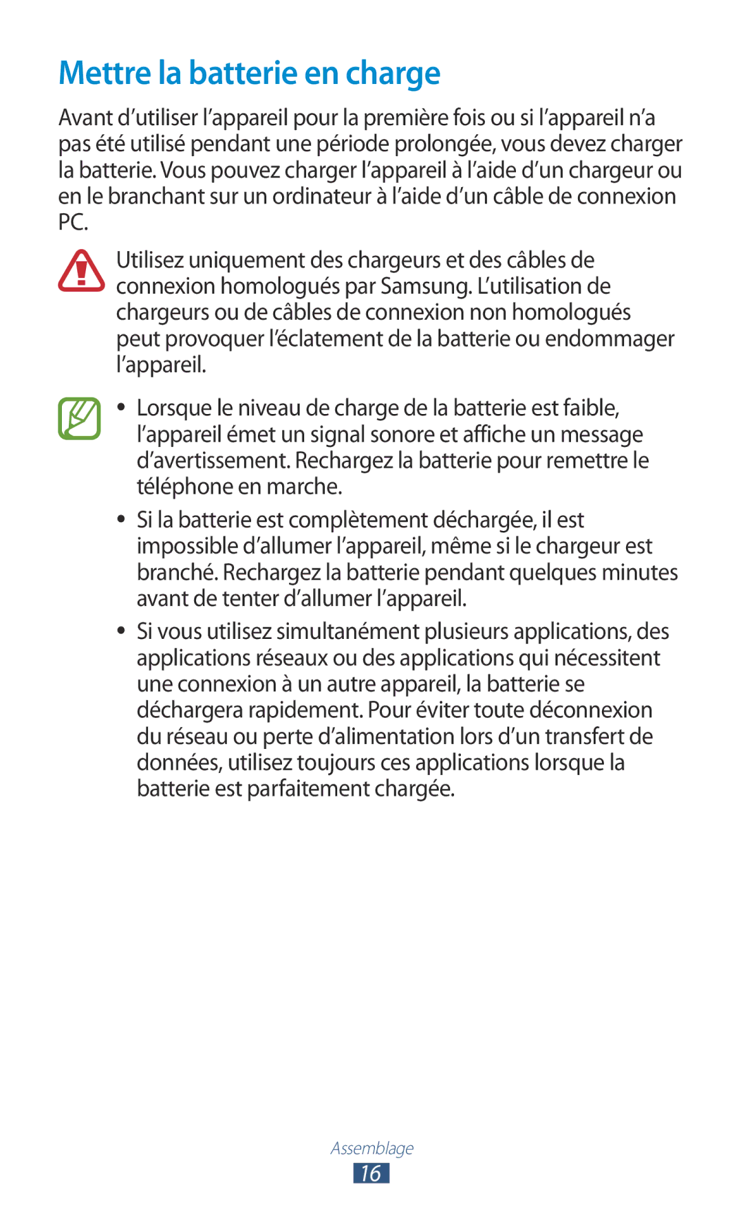 Samsung GT-I8160ZWPXEF, GT-I8160OKPXEF, GT-I8160OKPNRJ manual Mettre la batterie en charge 