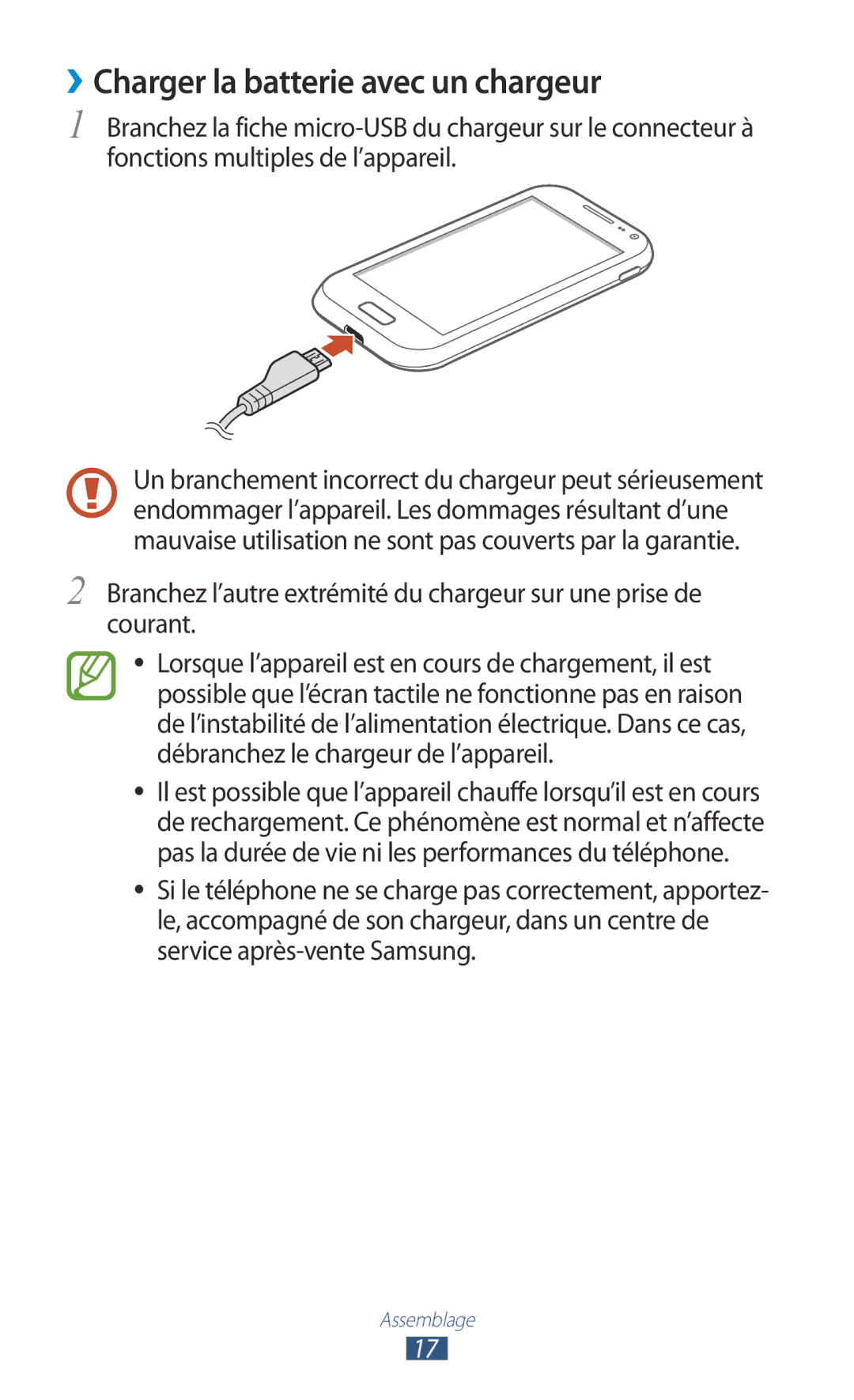 Samsung GT-I8160OKPNRJ, GT-I8160OKPXEF, GT-I8160ZWPXEF manual ››Charger la batterie avec un chargeur 