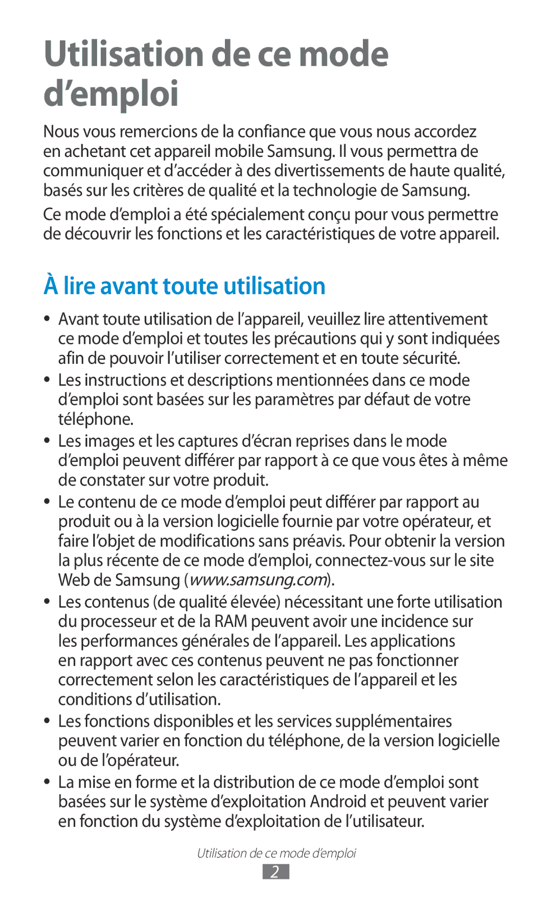 Samsung GT-I8160OKPNRJ, GT-I8160OKPXEF, GT-I8160ZWPXEF manual Utilisation de ce mode d’emploi, Lire avant toute utilisation 