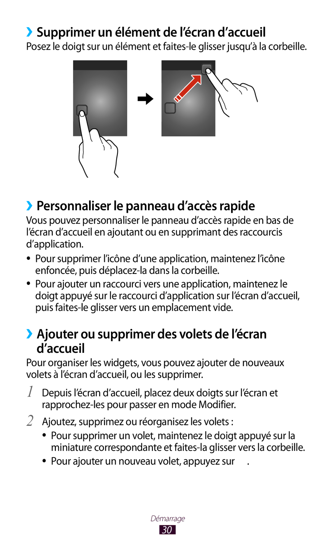 Samsung GT-I8160OKPXEF manual ››Supprimer un élément de l’écran d’accueil, ››Personnaliser le panneau d’accès rapide 