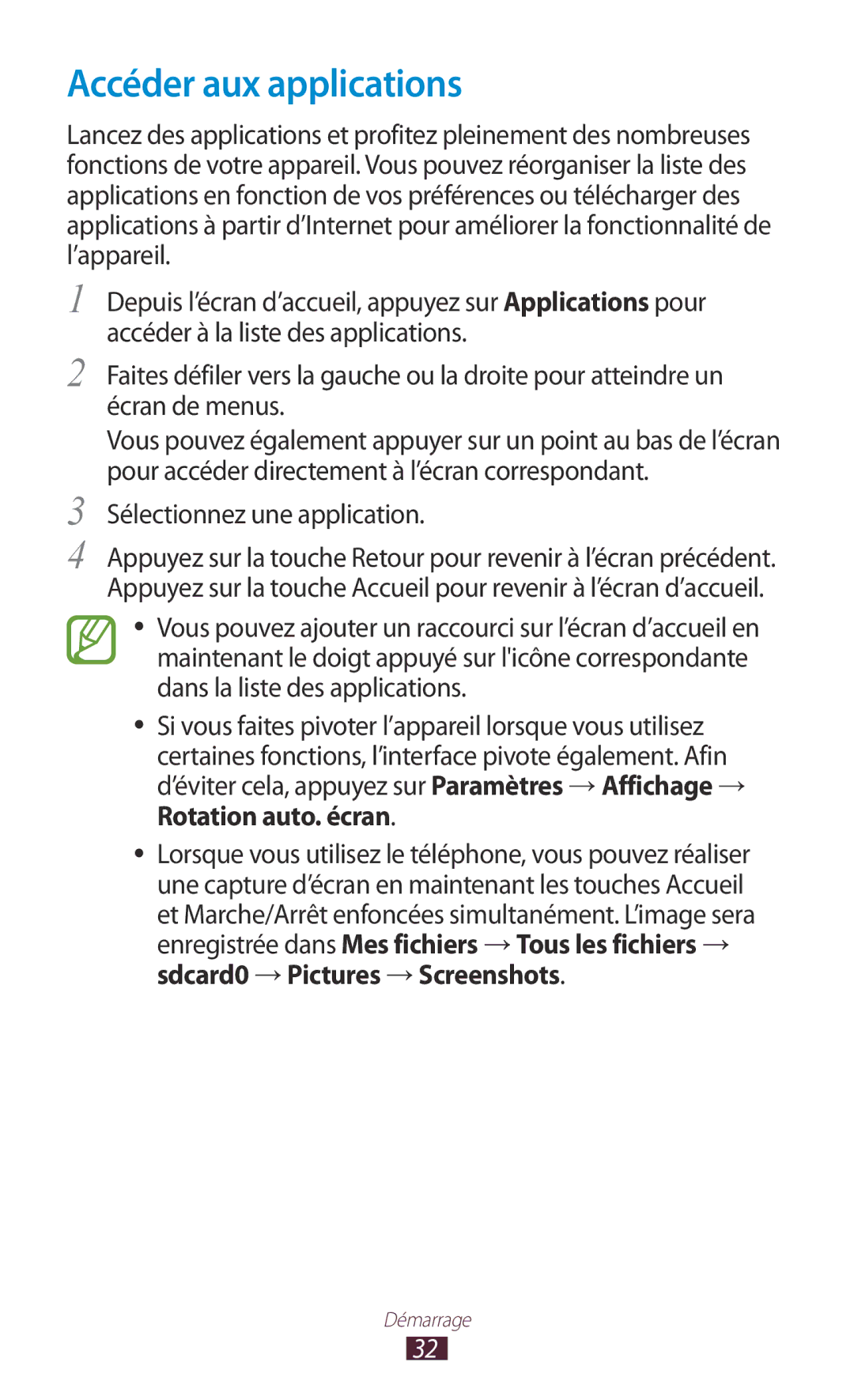 Samsung GT-I8160OKPNRJ manual Accéder aux applications, Sélectionnez une application, Sdcard0 → Pictures → Screenshots 