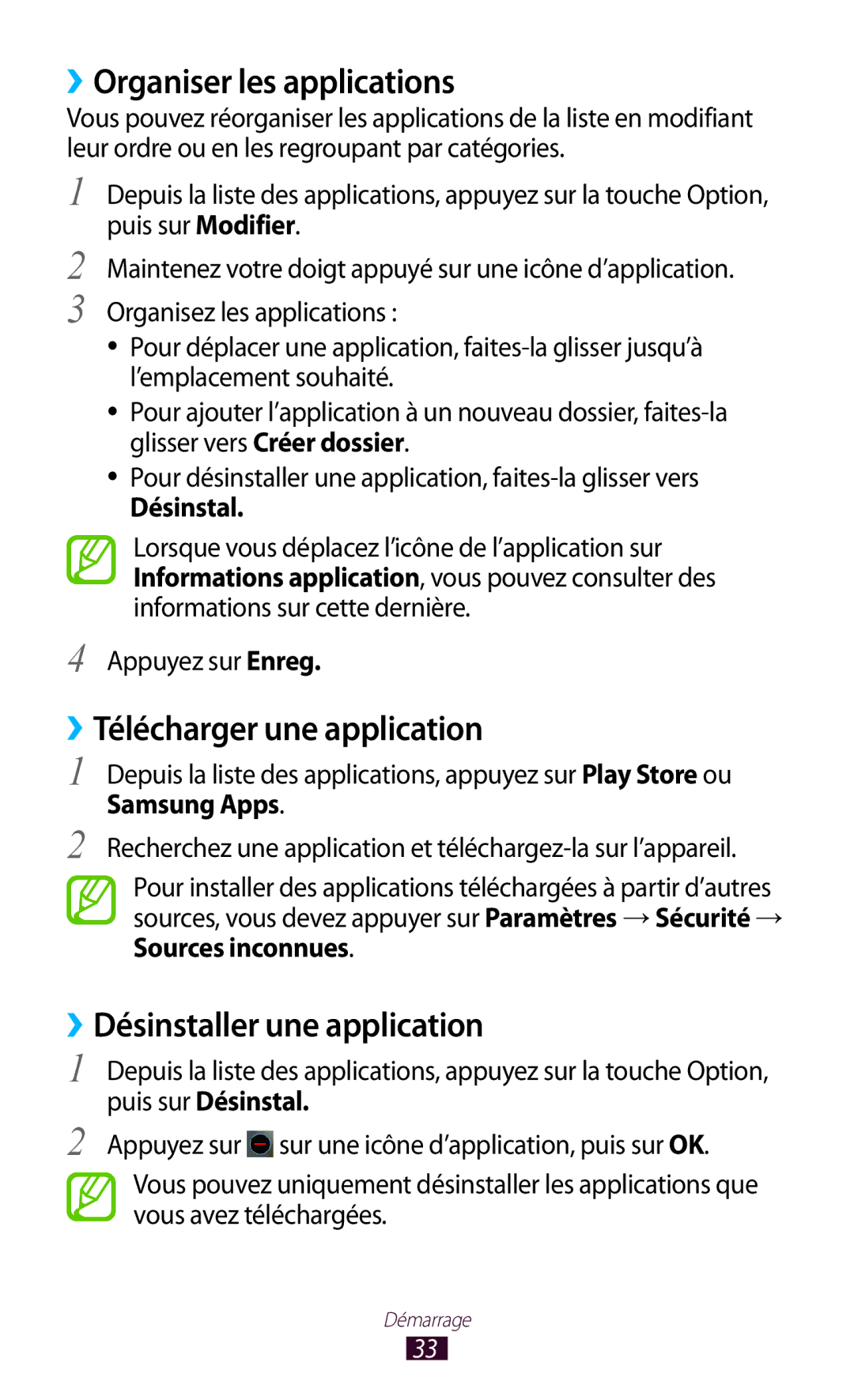 Samsung GT-I8160OKPXEF manual ››Organiser les applications, ››Télécharger une application, ››Désinstaller une application 