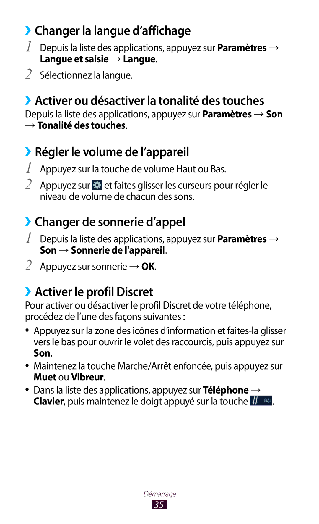 Samsung GT-I8160OKPNRJ, GT-I8160OKPXEF ››Changer la langue d’affichage, ››Activer ou désactiver la tonalité des touches 