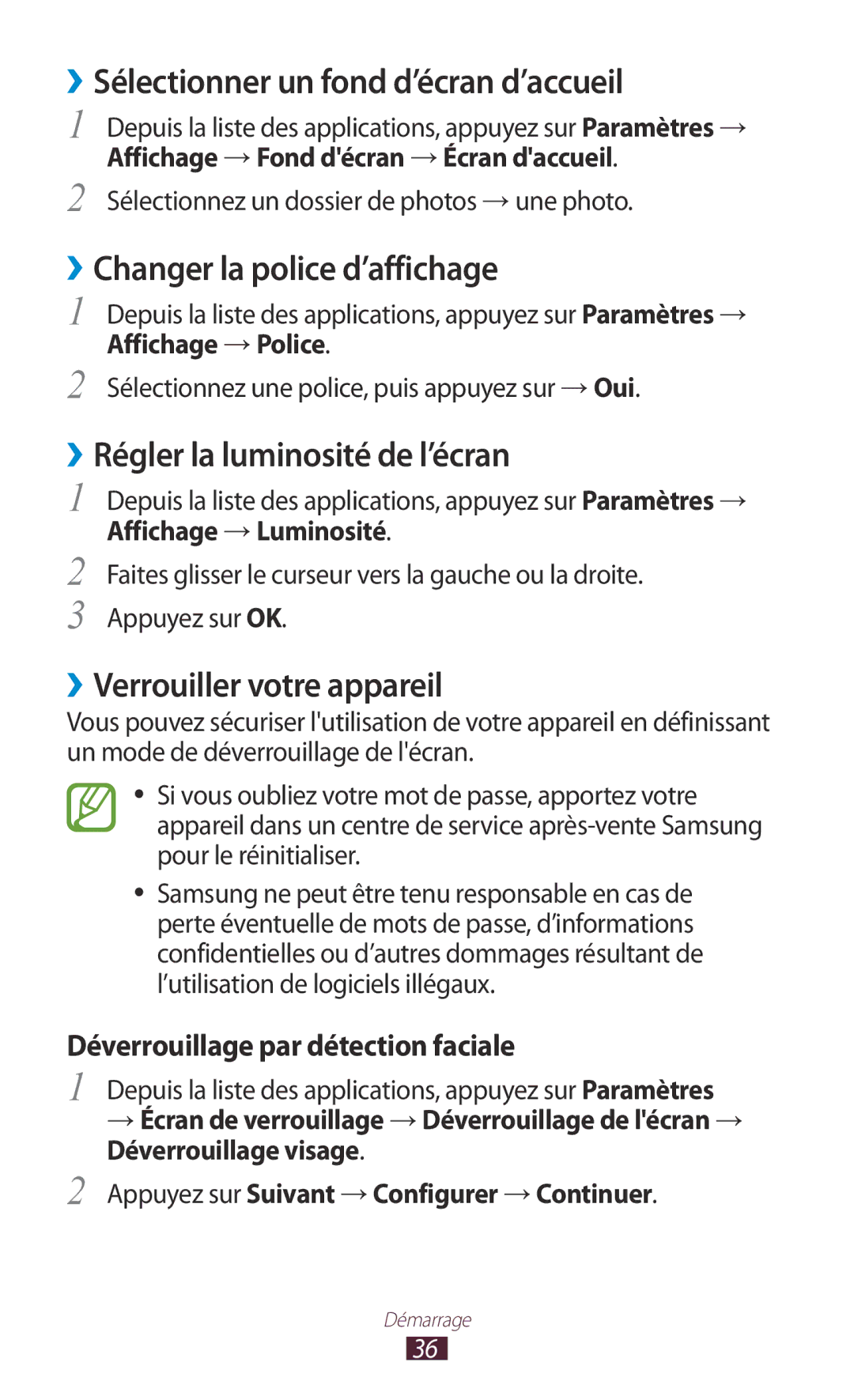 Samsung GT-I8160OKPXEF, GT-I8160ZWPXEF manual ››Sélectionner un fond d’écran d’accueil, ››Changer la police d’affichage 