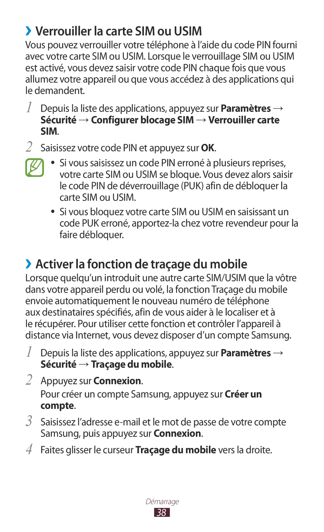 Samsung GT-I8160OKPNRJ, GT-I8160OKPXEF manual ››Verrouiller la carte SIM ou Usim, ››Activer la fonction de traçage du mobile 