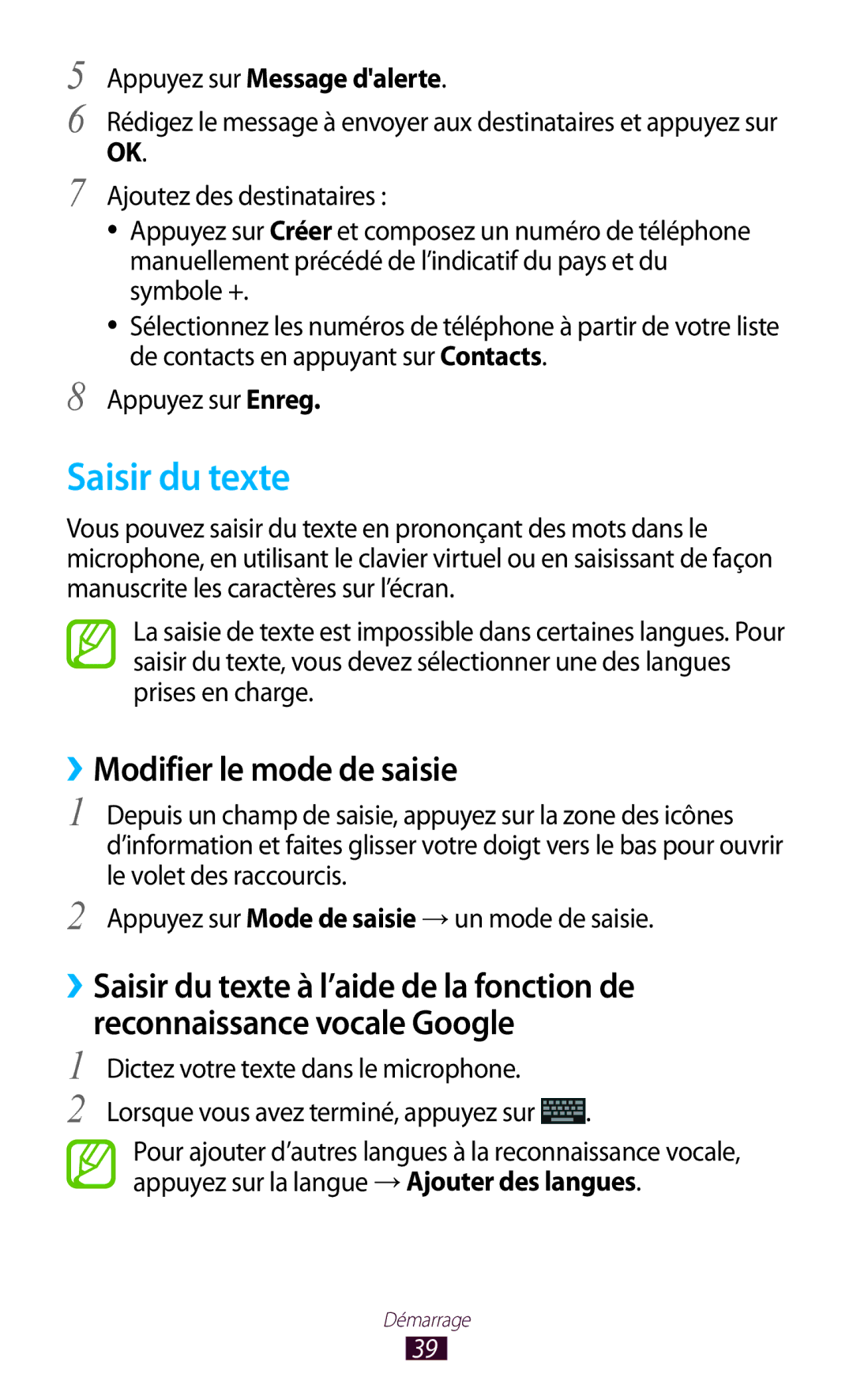 Samsung GT-I8160OKPXEF, GT-I8160ZWPXEF manual Saisir du texte, ››Modifier le mode de saisie, Appuyez sur Message dalerte 